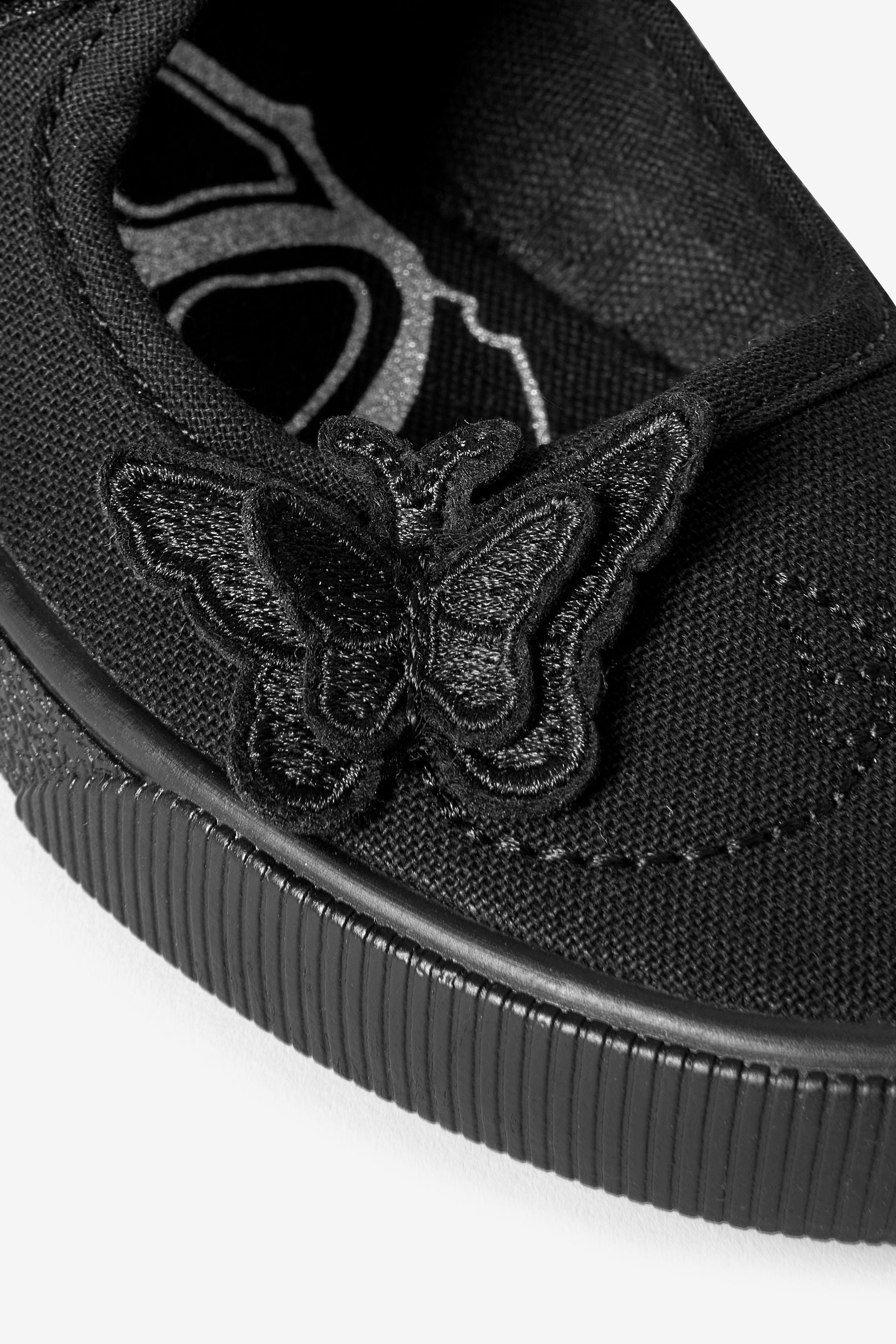 Black Wide Fit (G) Butterfly Embroidered School Plimsoll Shoes