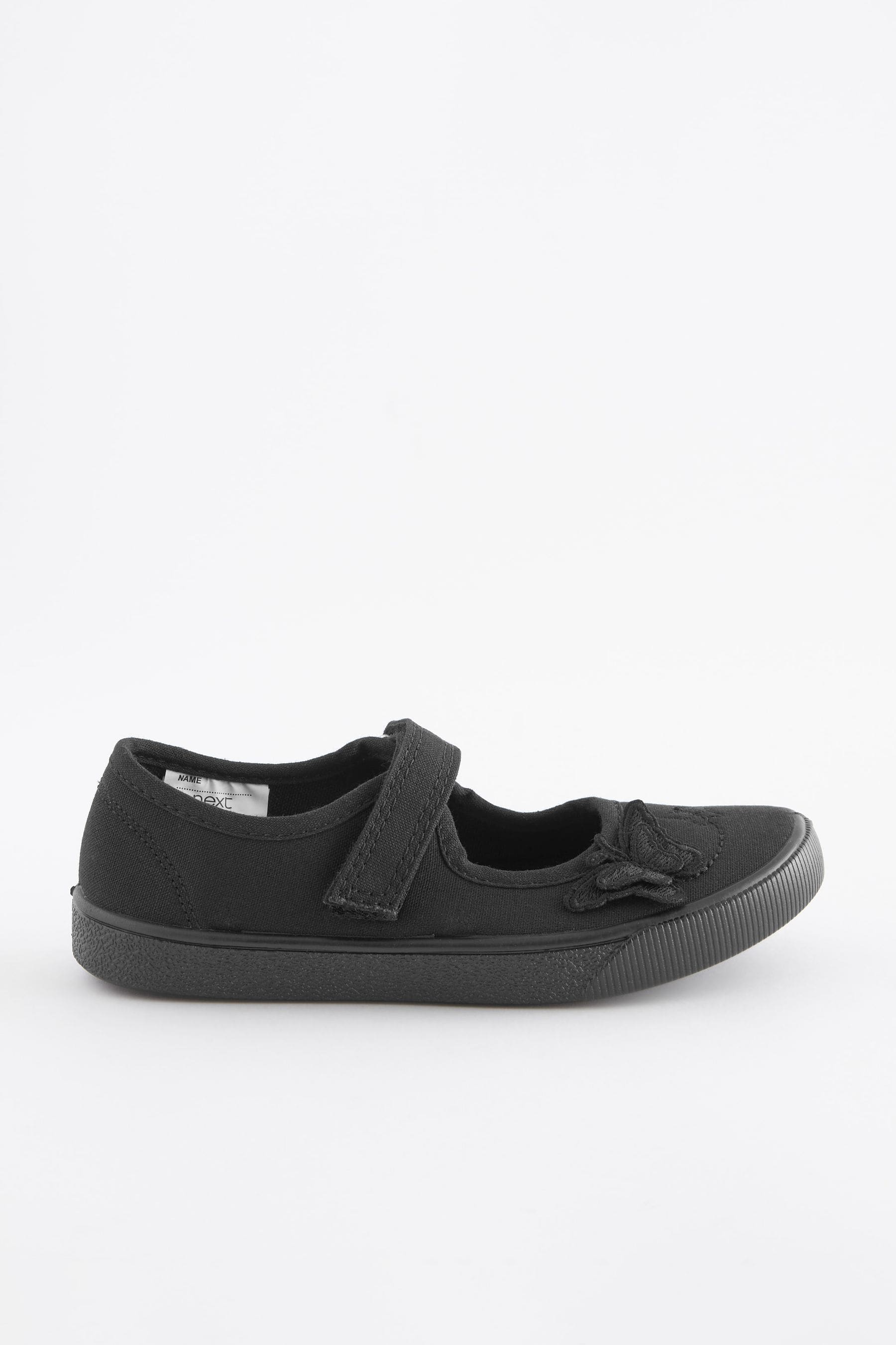 Black Wide Fit (G) Butterfly Embroidered School Plimsoll Shoes