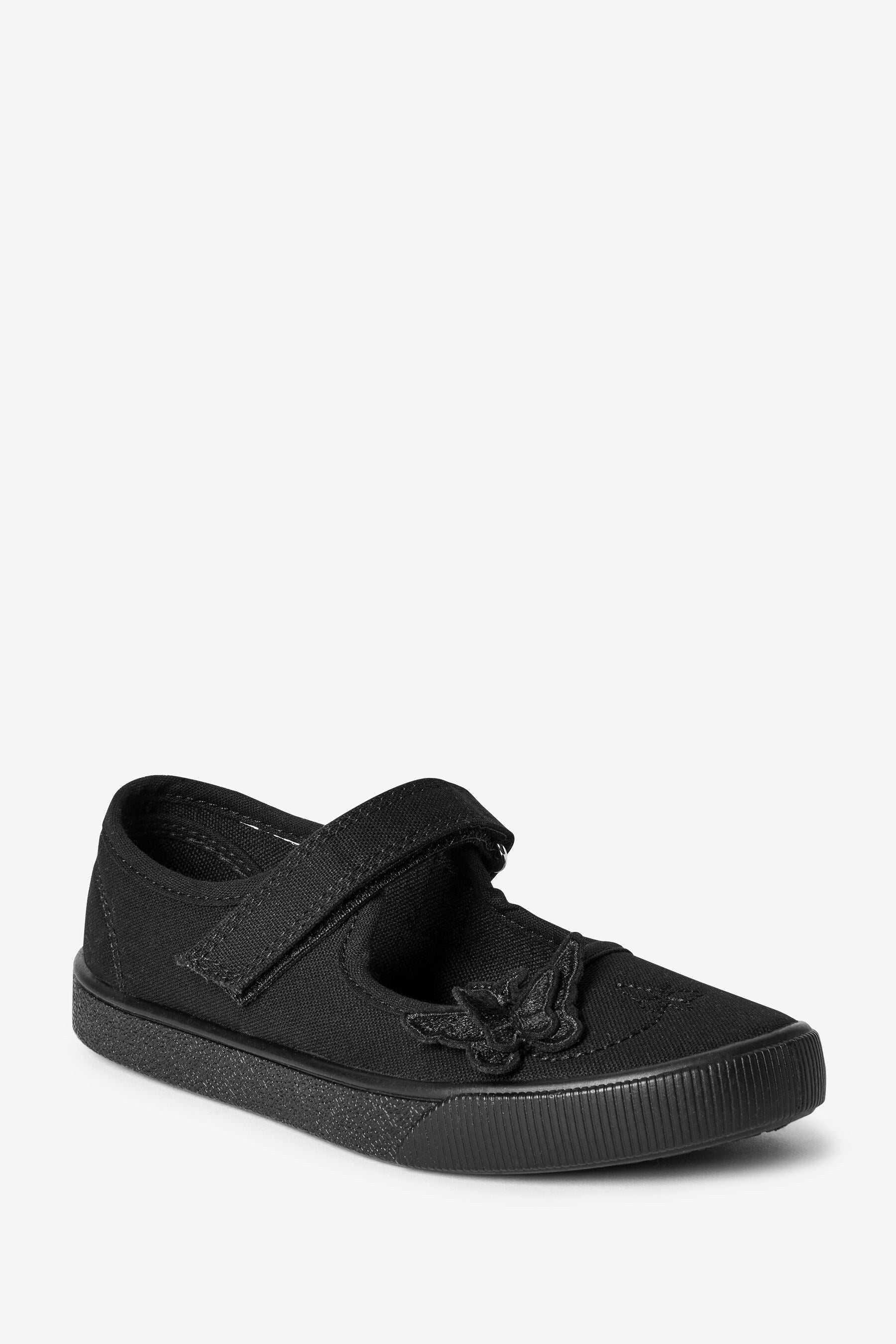 Black Wide Fit (G) Butterfly Embroidered School Plimsoll Shoes