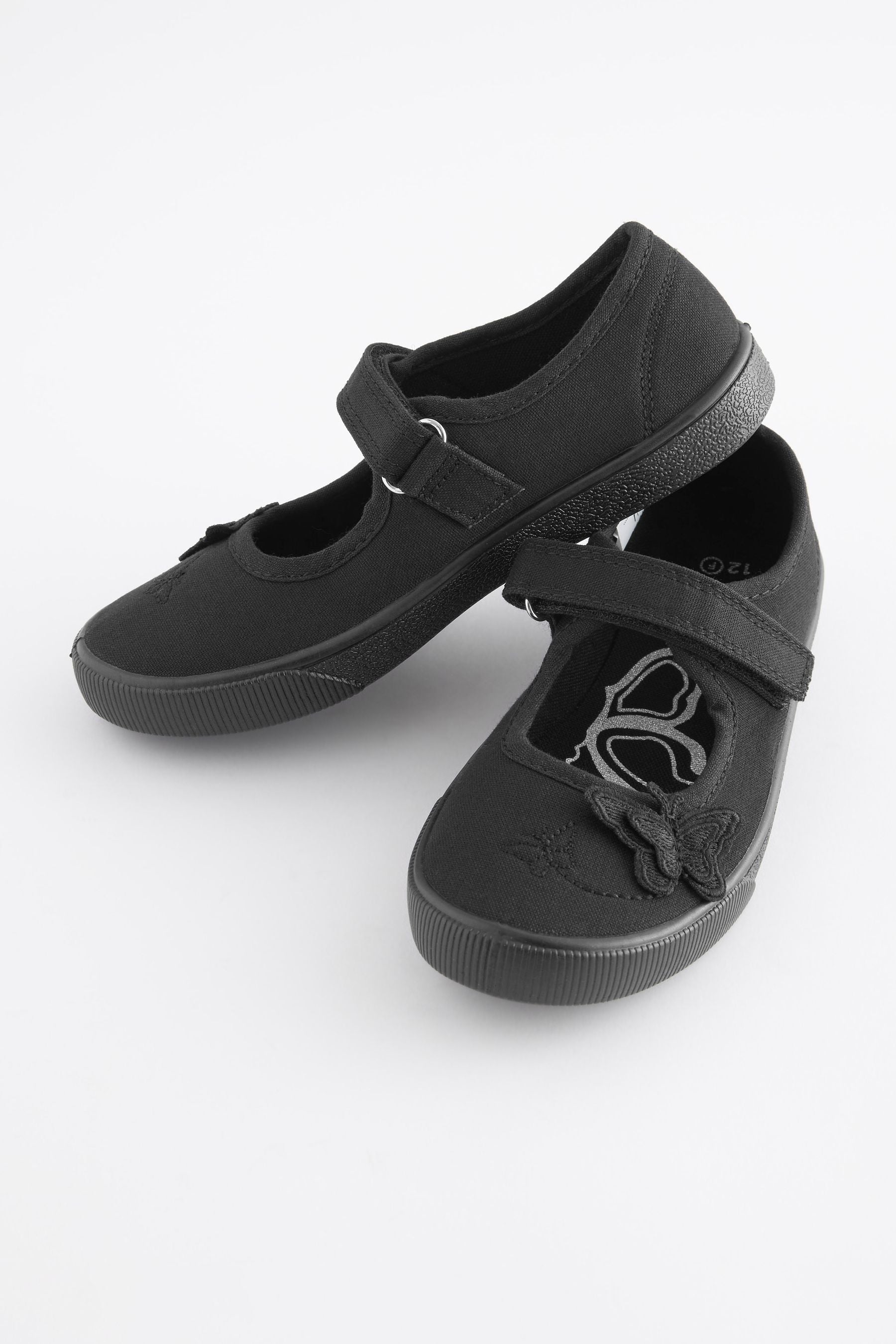 Black Wide Fit (G) Butterfly Embroidered School Plimsoll Shoes