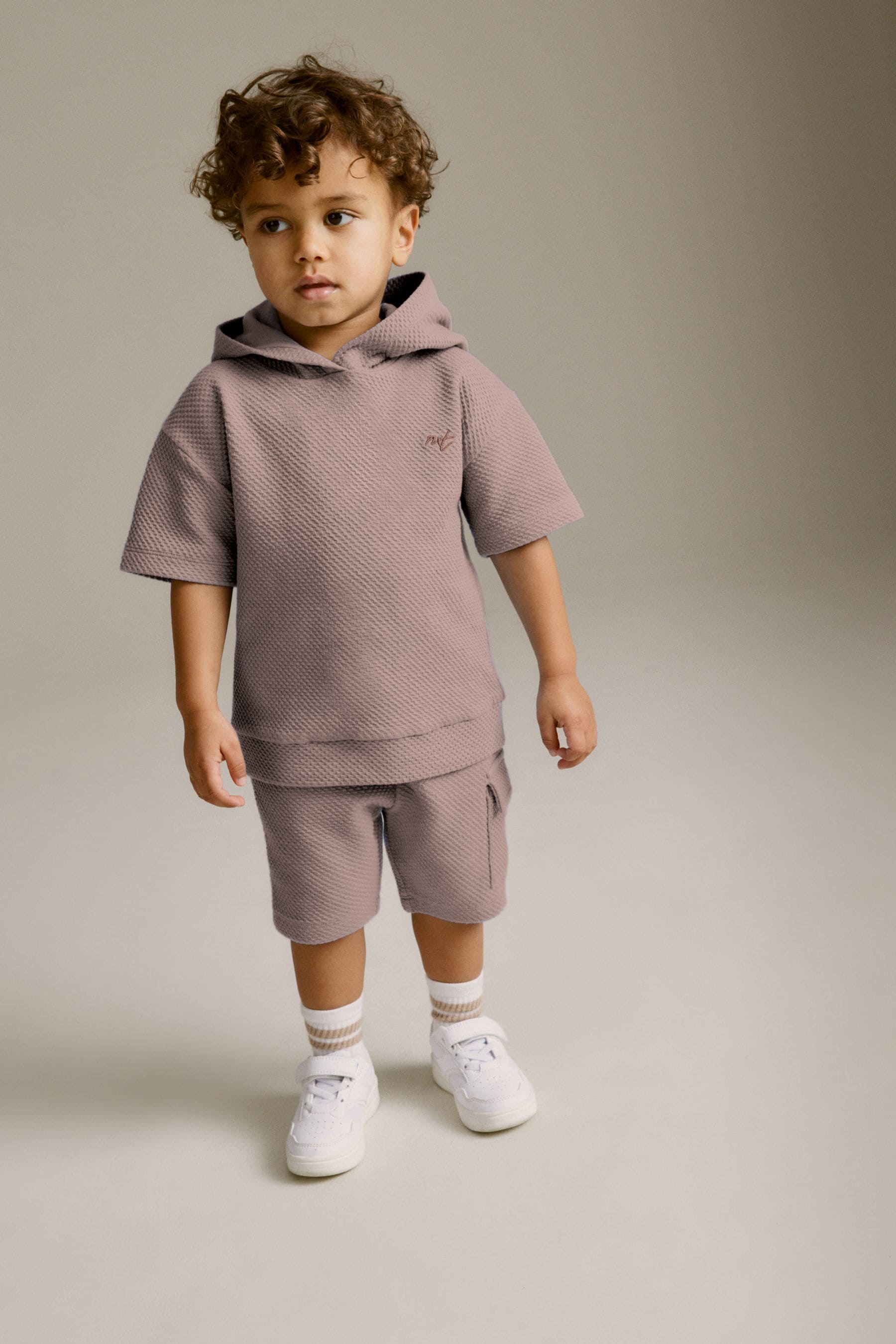 Tan Brown Short Sleeve Textured Hoodie and Shorts Set (3mths-7yrs)