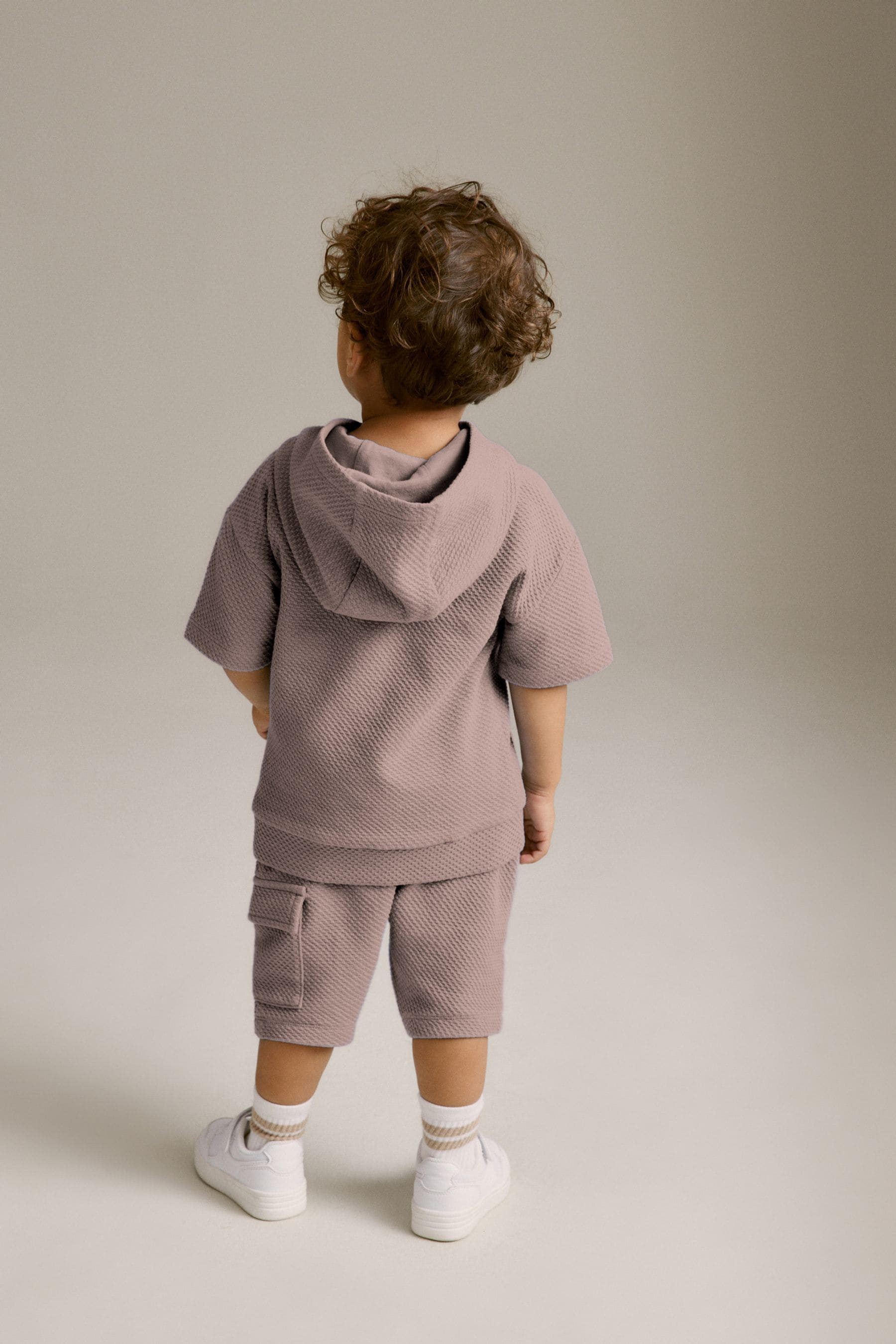 Tan Brown Short Sleeve Textured Hoodie and Shorts Set (3mths-7yrs)