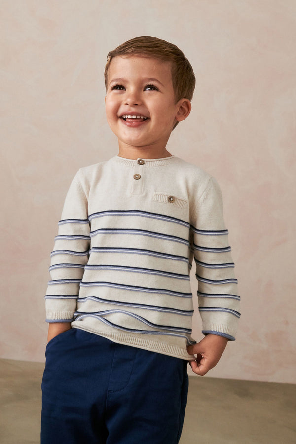 Ecru Cream 100% Cotton Henley Stripe Knit Crew Jumper (3mths-7yrs)