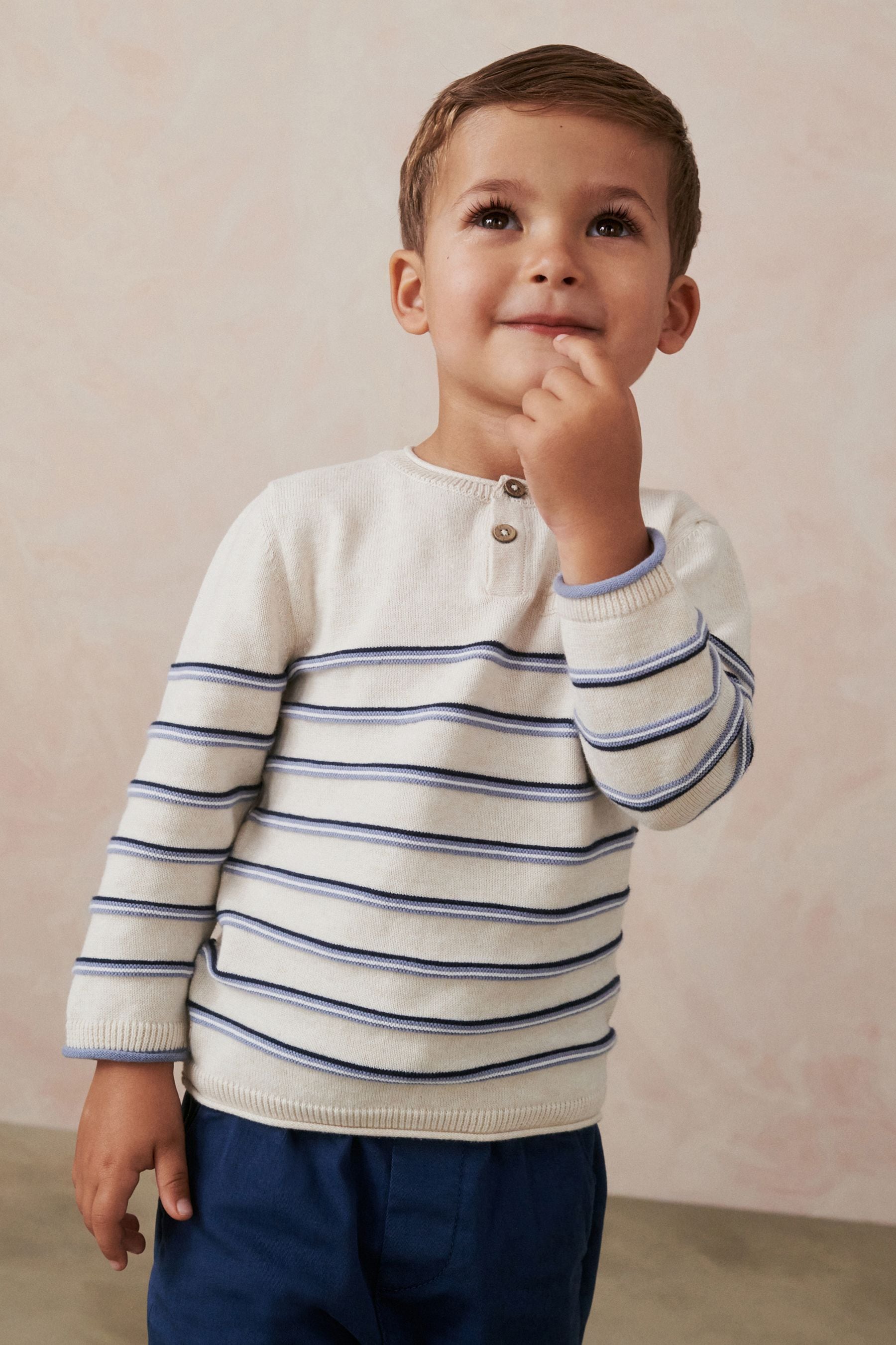 Ecru Cream 100% Cotton Henley Stripe Knit Crew Jumper (3mths-7yrs)