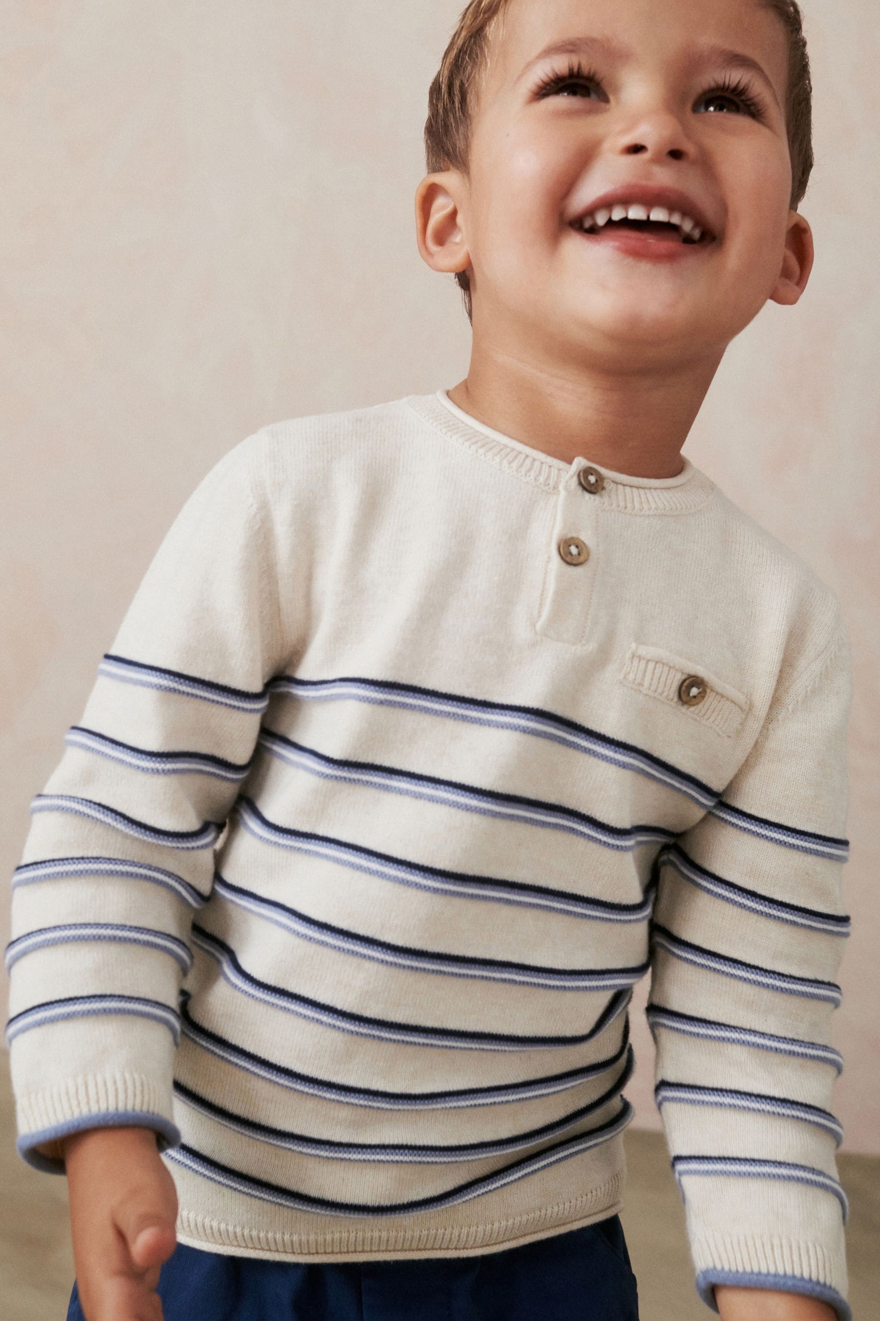 Ecru Cream 100% Cotton Henley Stripe Knit Crew Jumper (3mths-7yrs)