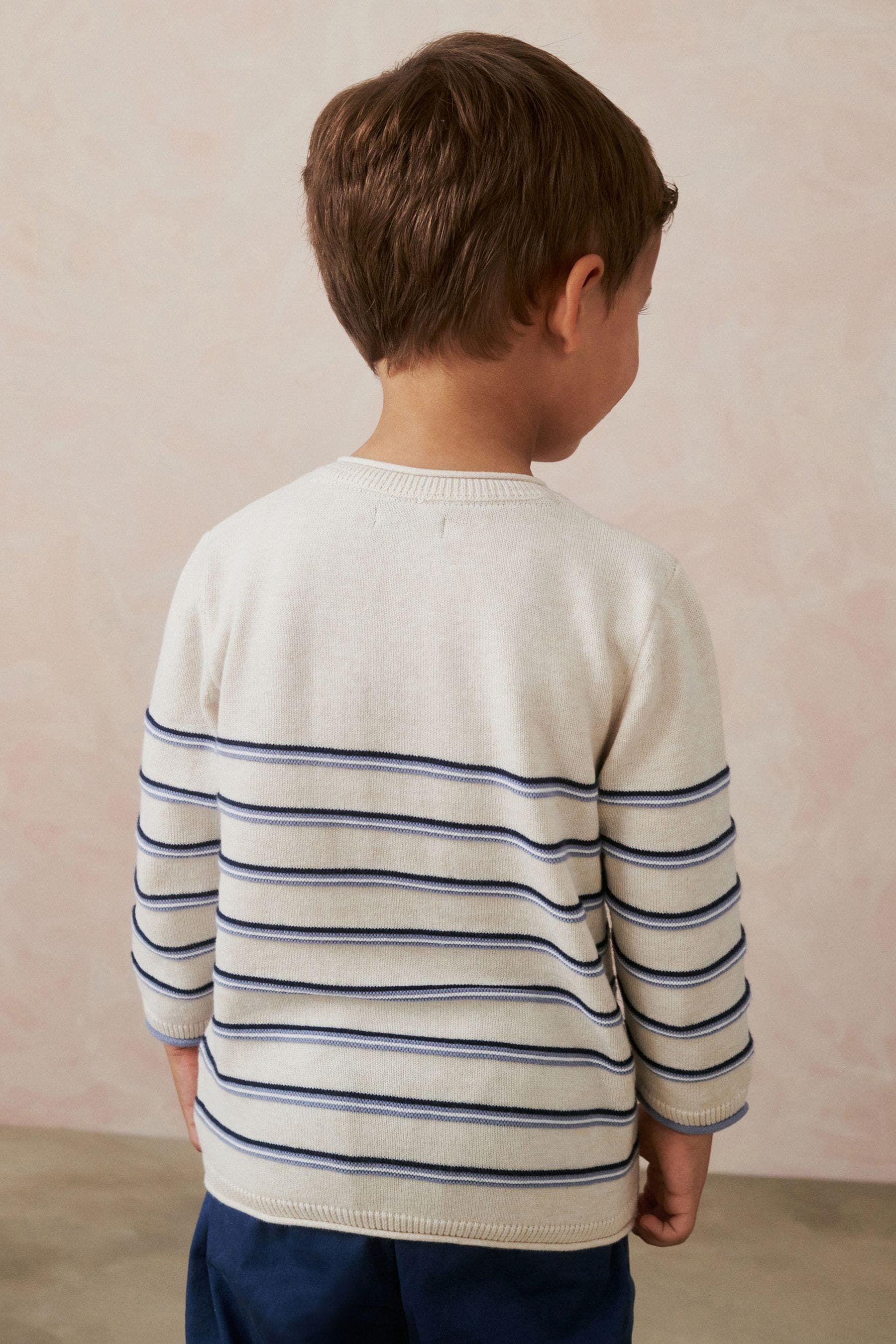 Ecru Cream 100% Cotton Henley Stripe Knit Crew Jumper (3mths-7yrs)