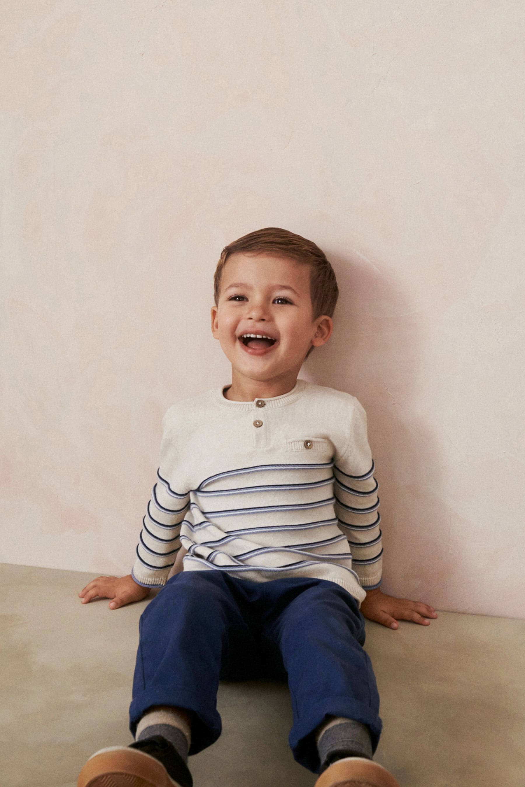 Ecru Cream 100% Cotton Henley Stripe Knit Crew Jumper (3mths-7yrs)