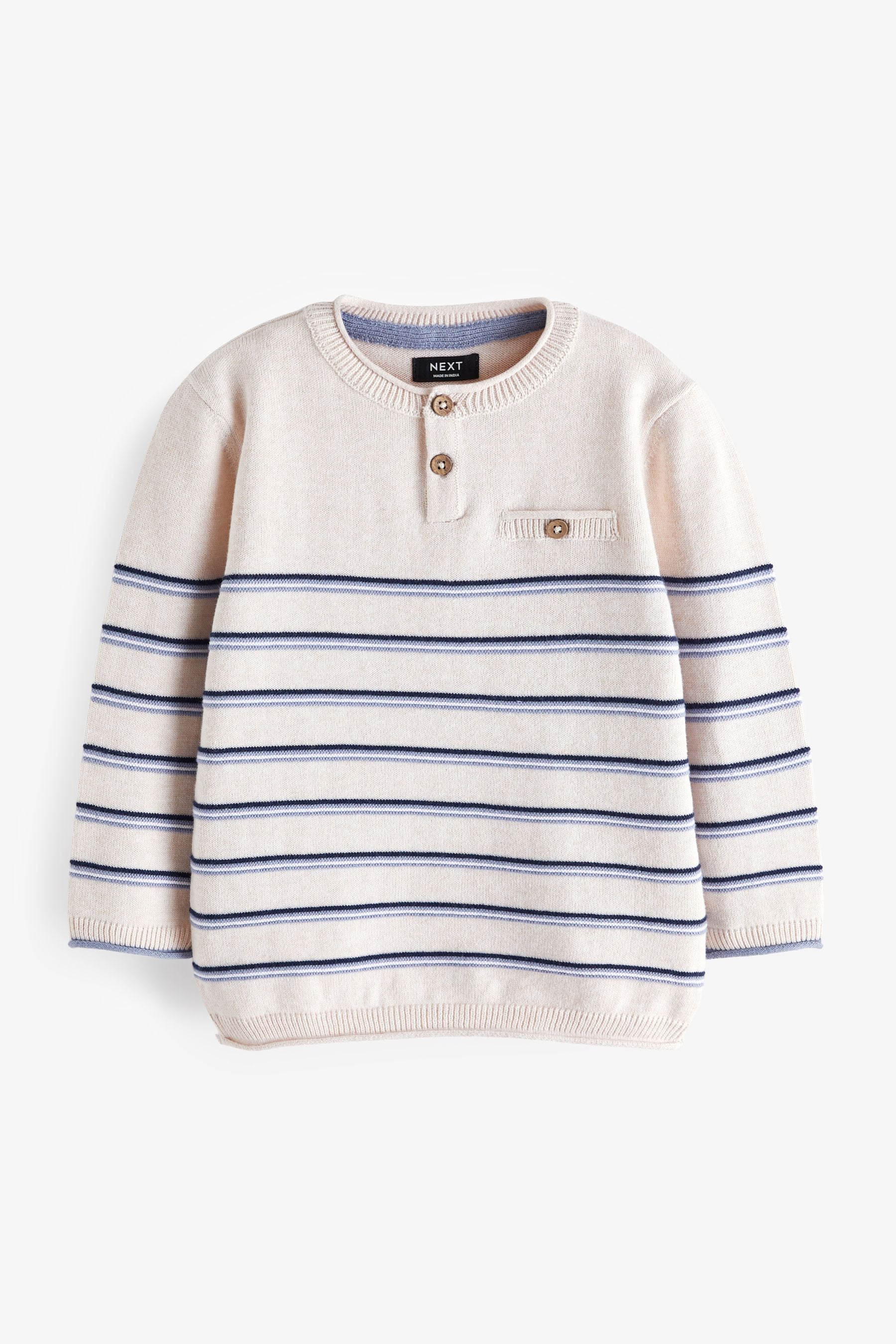 Ecru Cream 100% Cotton Henley Stripe Knit Crew Jumper (3mths-7yrs)