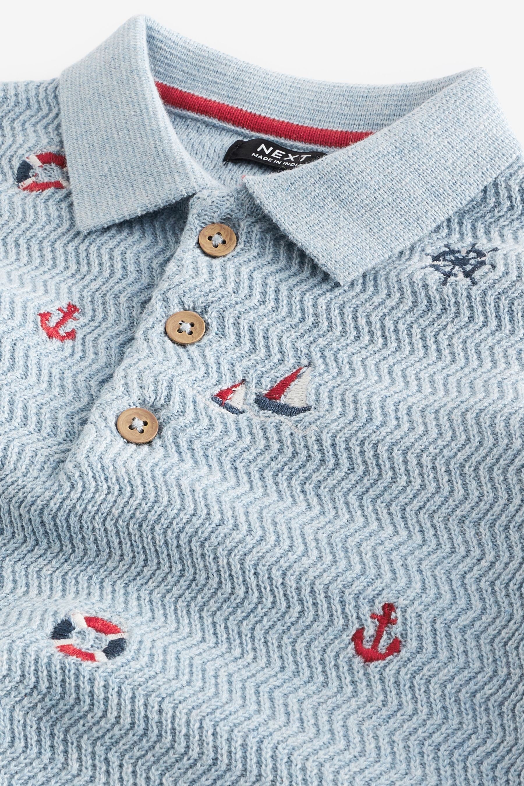 Blue 100% Cotton Nautical Textured Polo Shirt (3mths-7yrs)