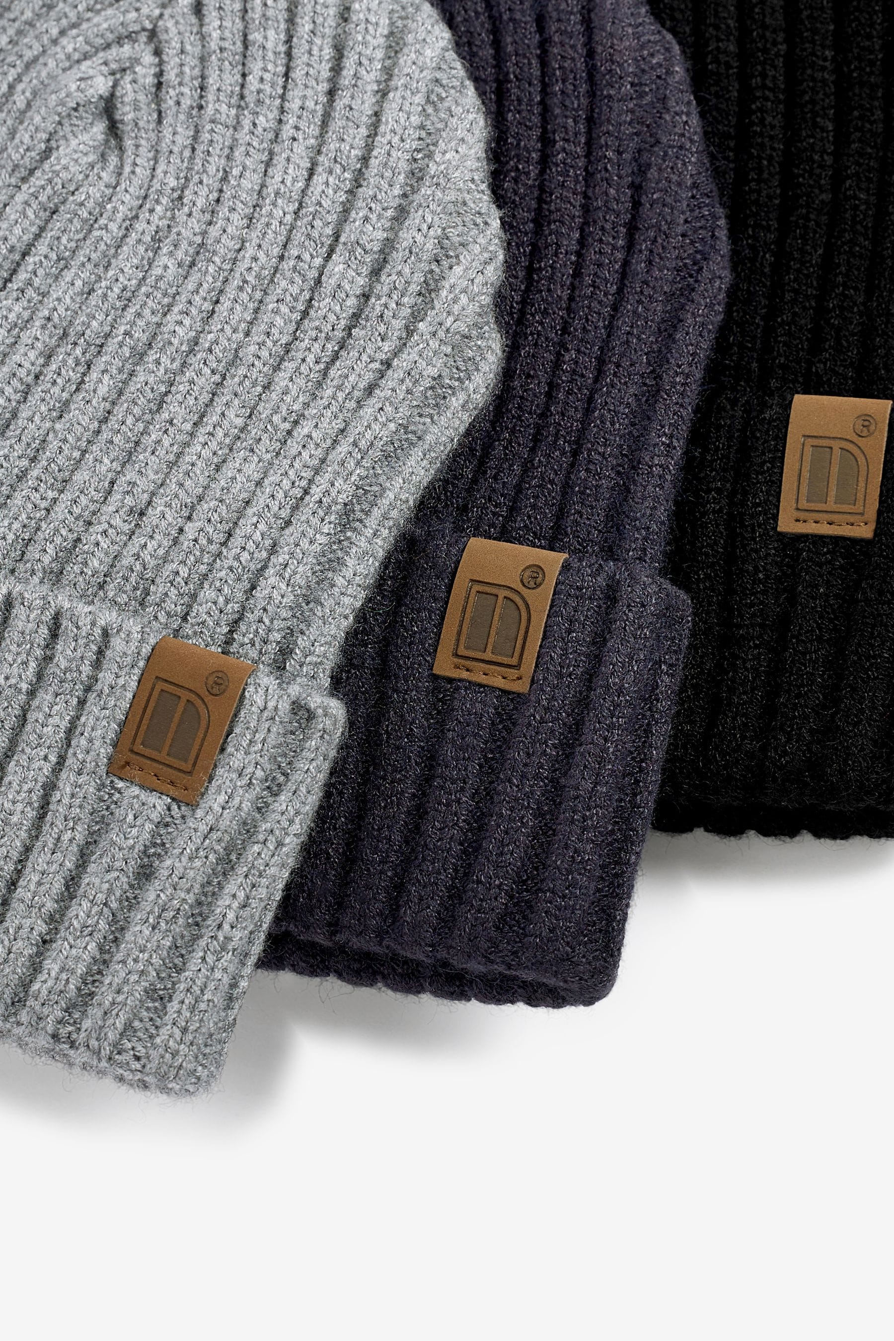 Navy Blue/Grey 3 Pack Knitted Ribbed Beanie Hats (1-16yrs)