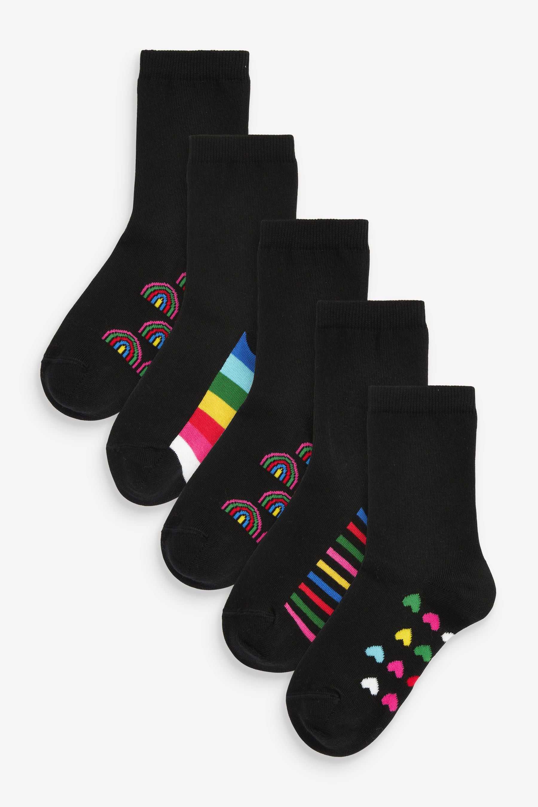 Black Rainbow Cotton Rich Footbed Ankle School Socks 5 Pack