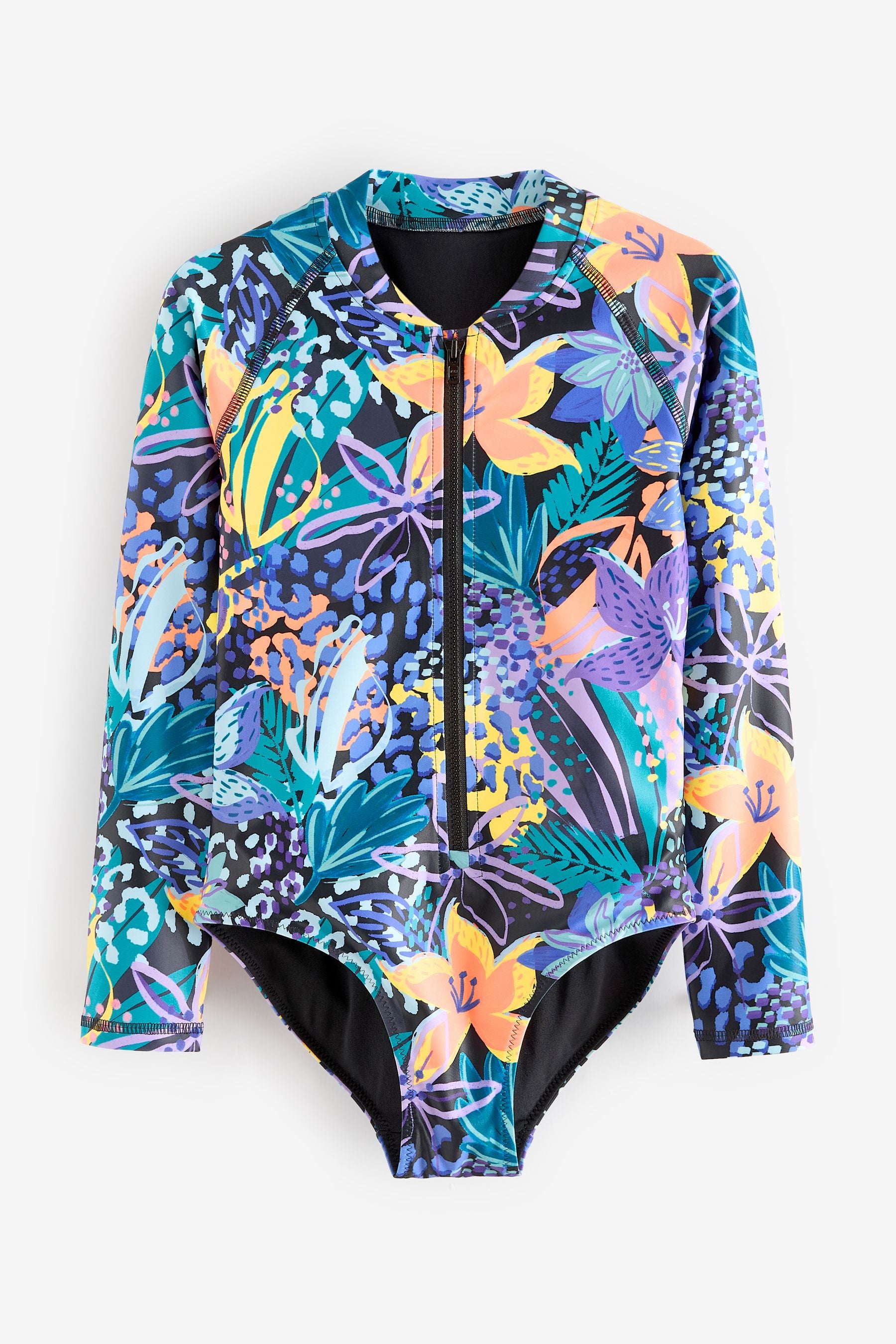 Black/Purple Tropical Long Sleeved Swimsuit (3-16yrs)