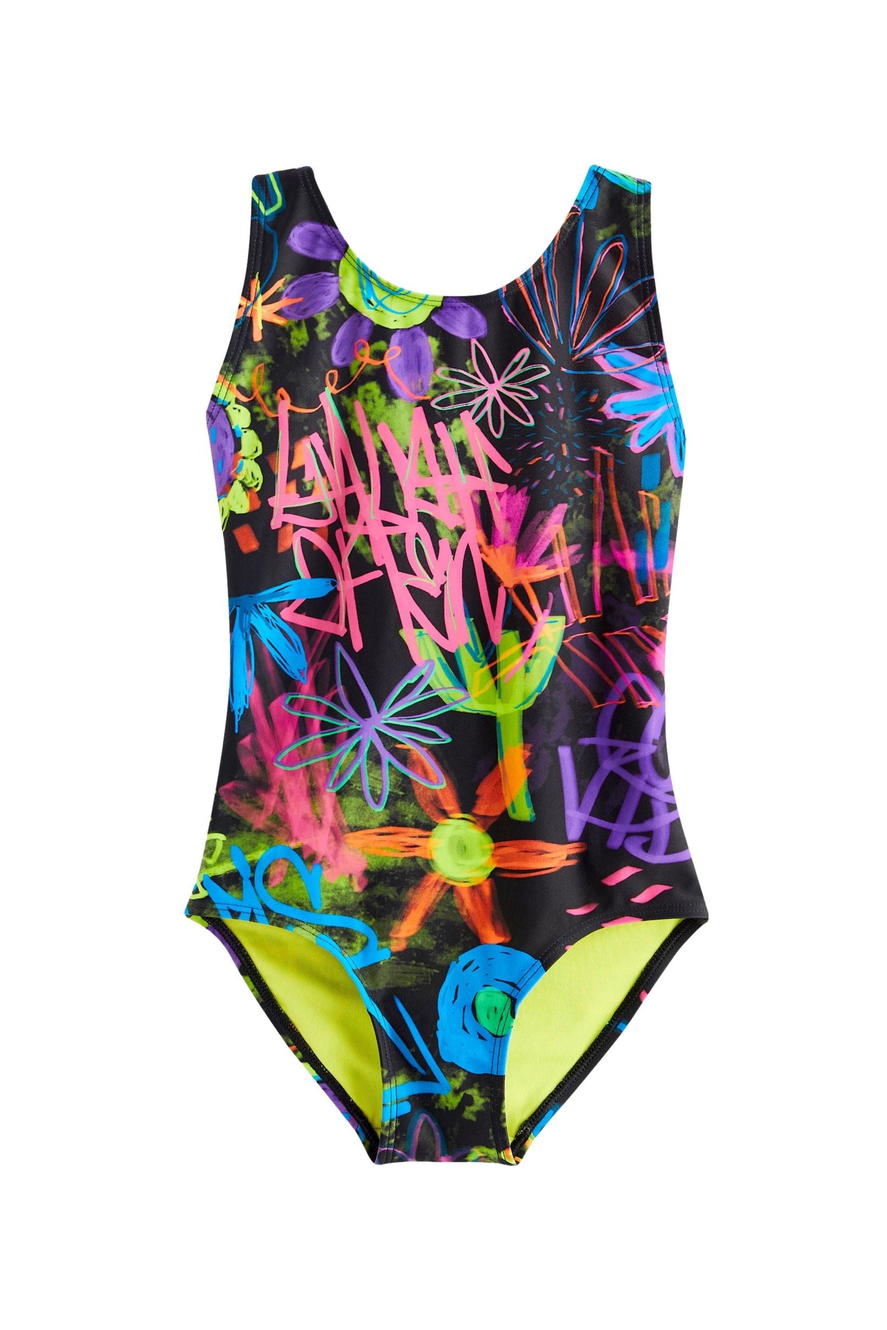 Black Graffiti Floral Sports Swimsuit (3-16yrs)