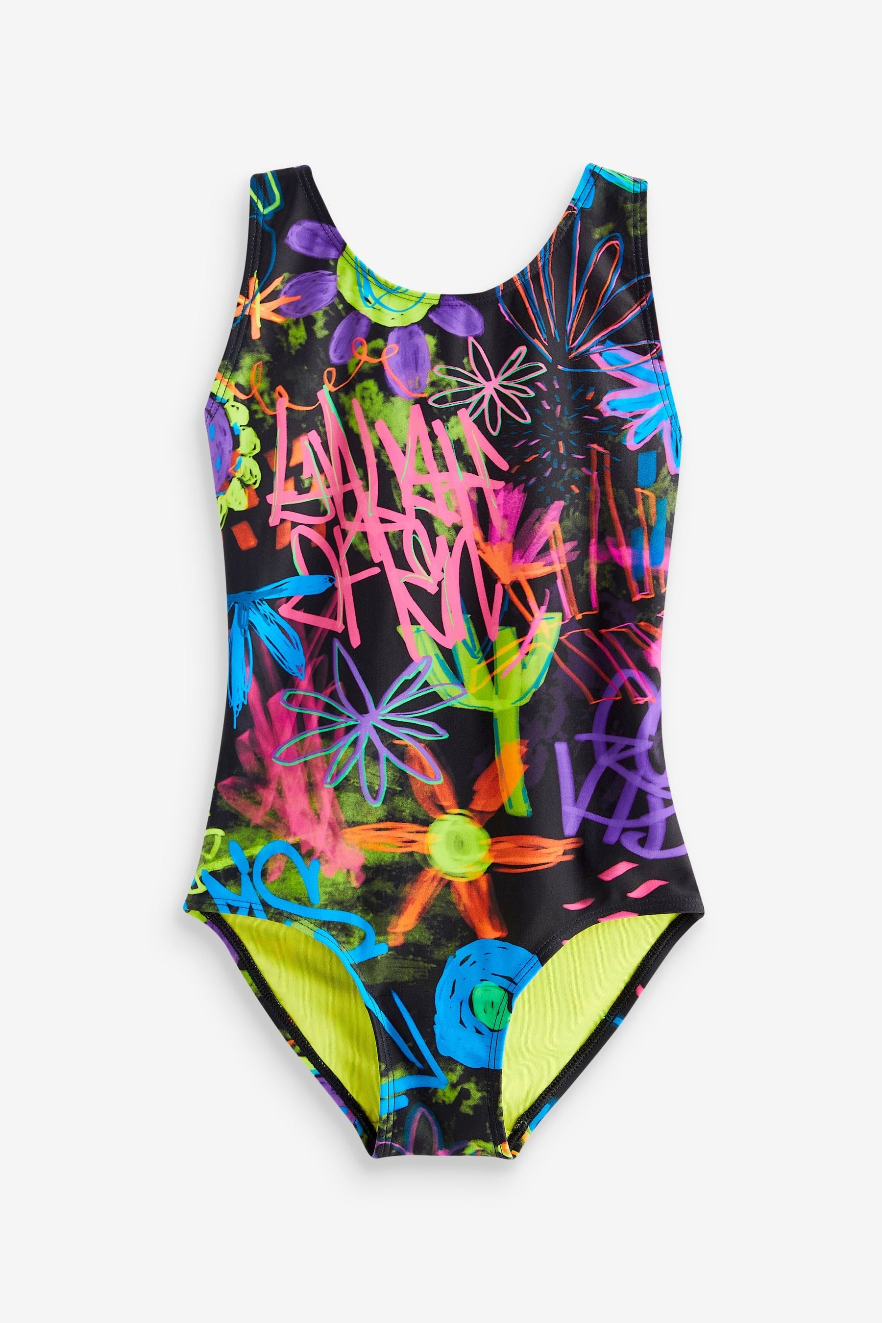 Black Graffiti Floral Sports Swimsuit (3-16yrs)