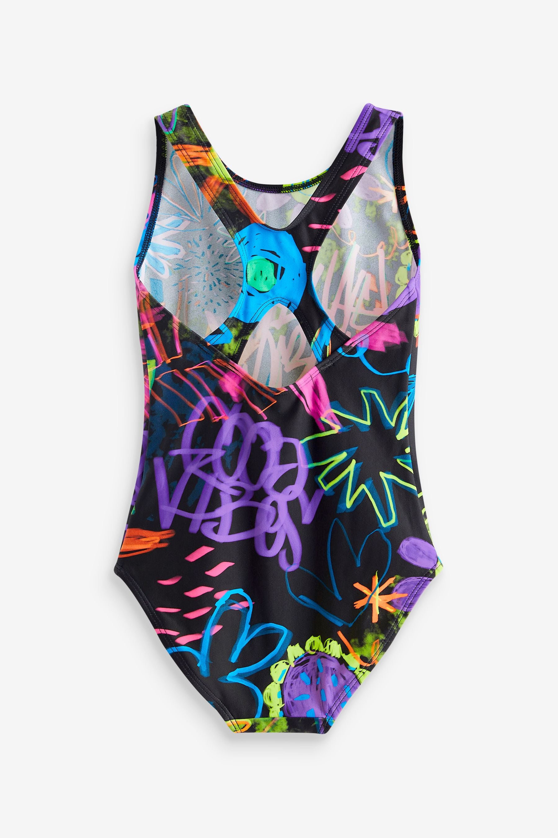 Black Graffiti Floral Sports Swimsuit (3-16yrs)