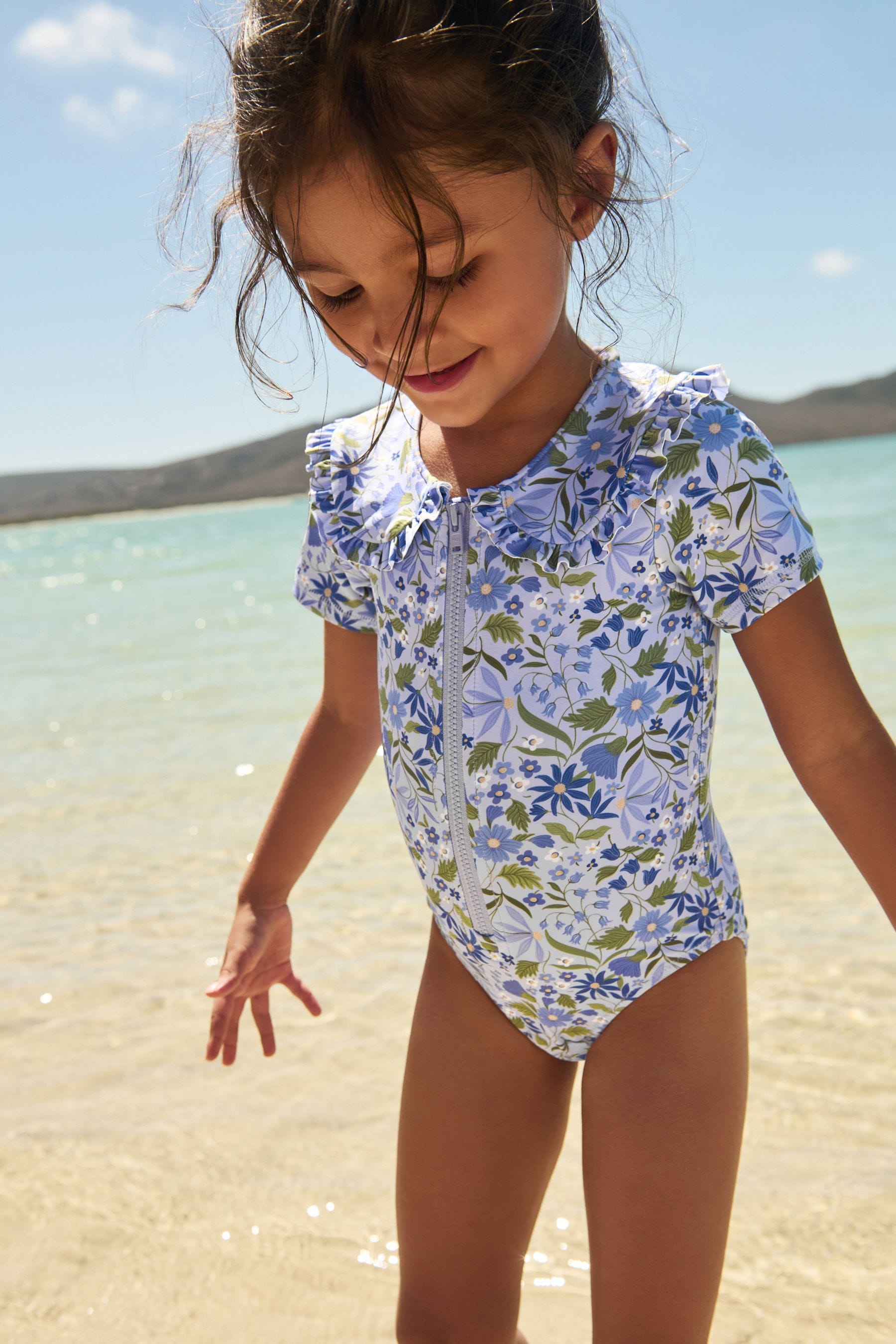 Blue Ditsy Floral Ruffle Collar Swimsuit (3mths-7yrs)