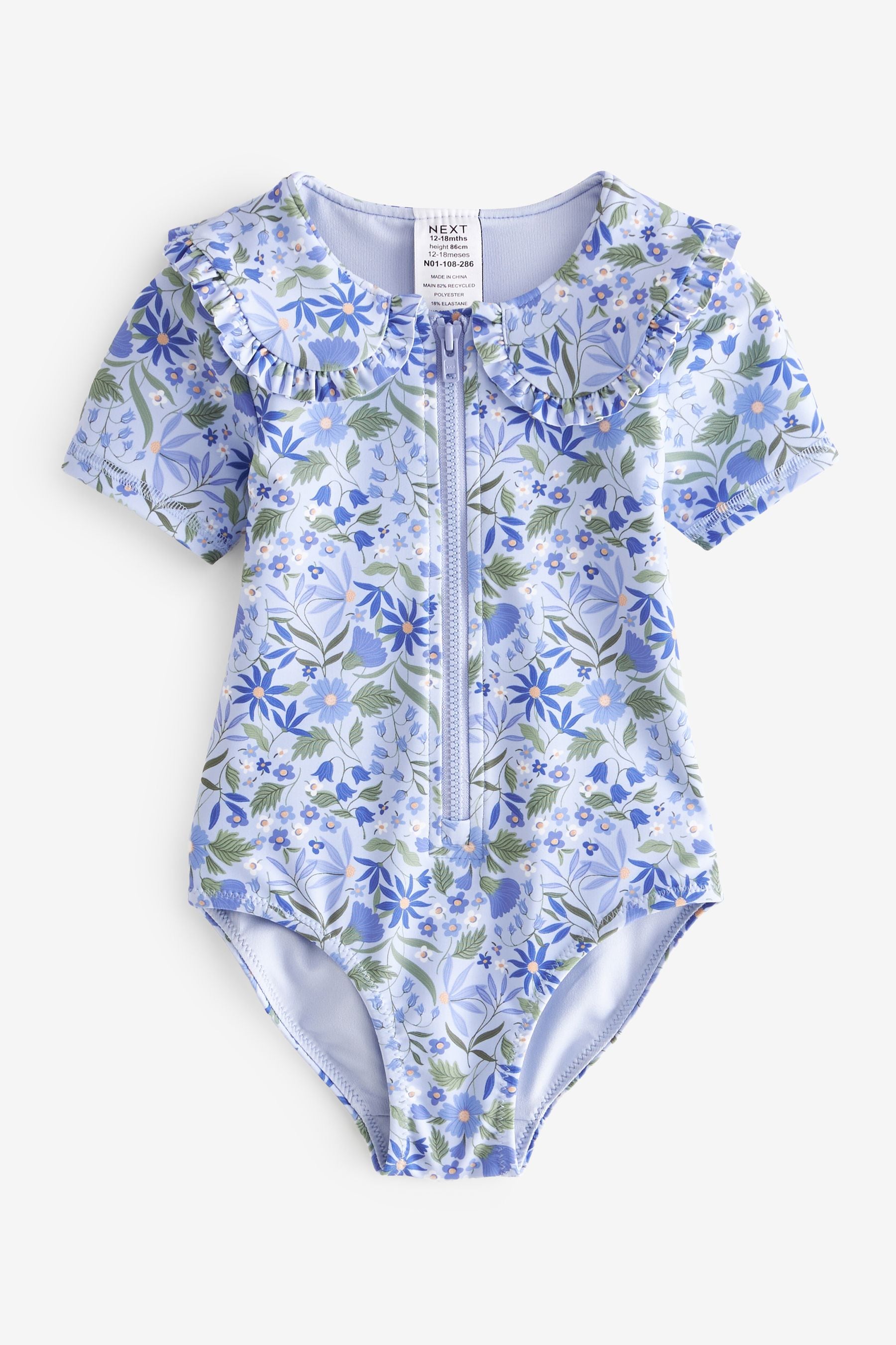 Blue Ditsy Floral Ruffle Collar Swimsuit (3mths-7yrs)