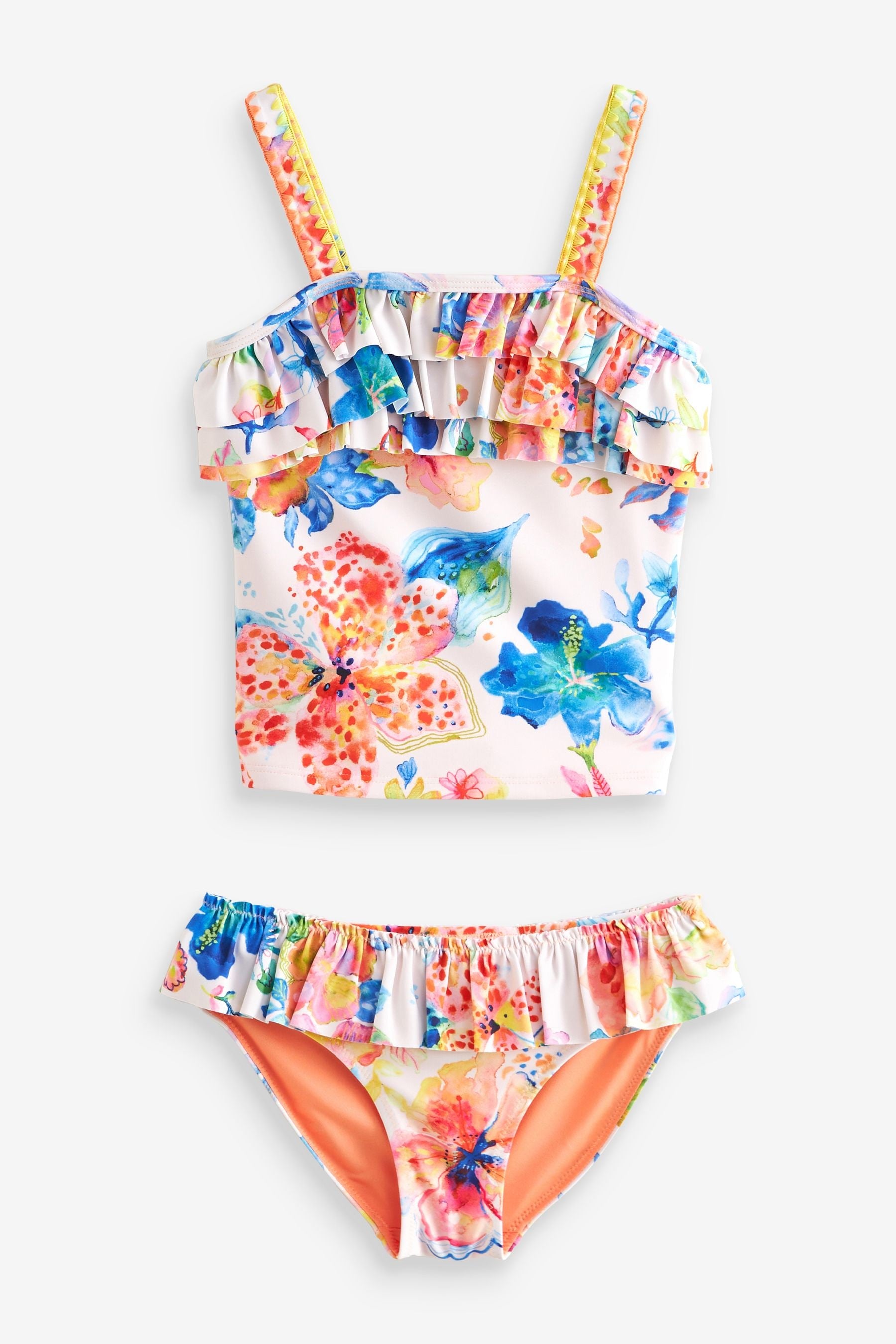 Blue/Cream Tropical Ruffle Tankini (3-16yrs)