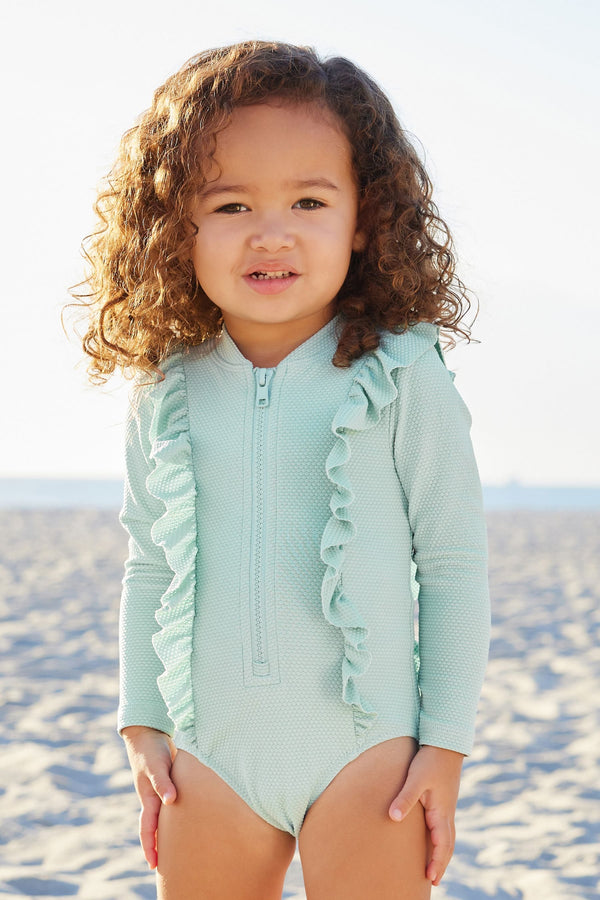 Blue Long Sleeve Textured Frill Swimsuit (3mths-7yrs)