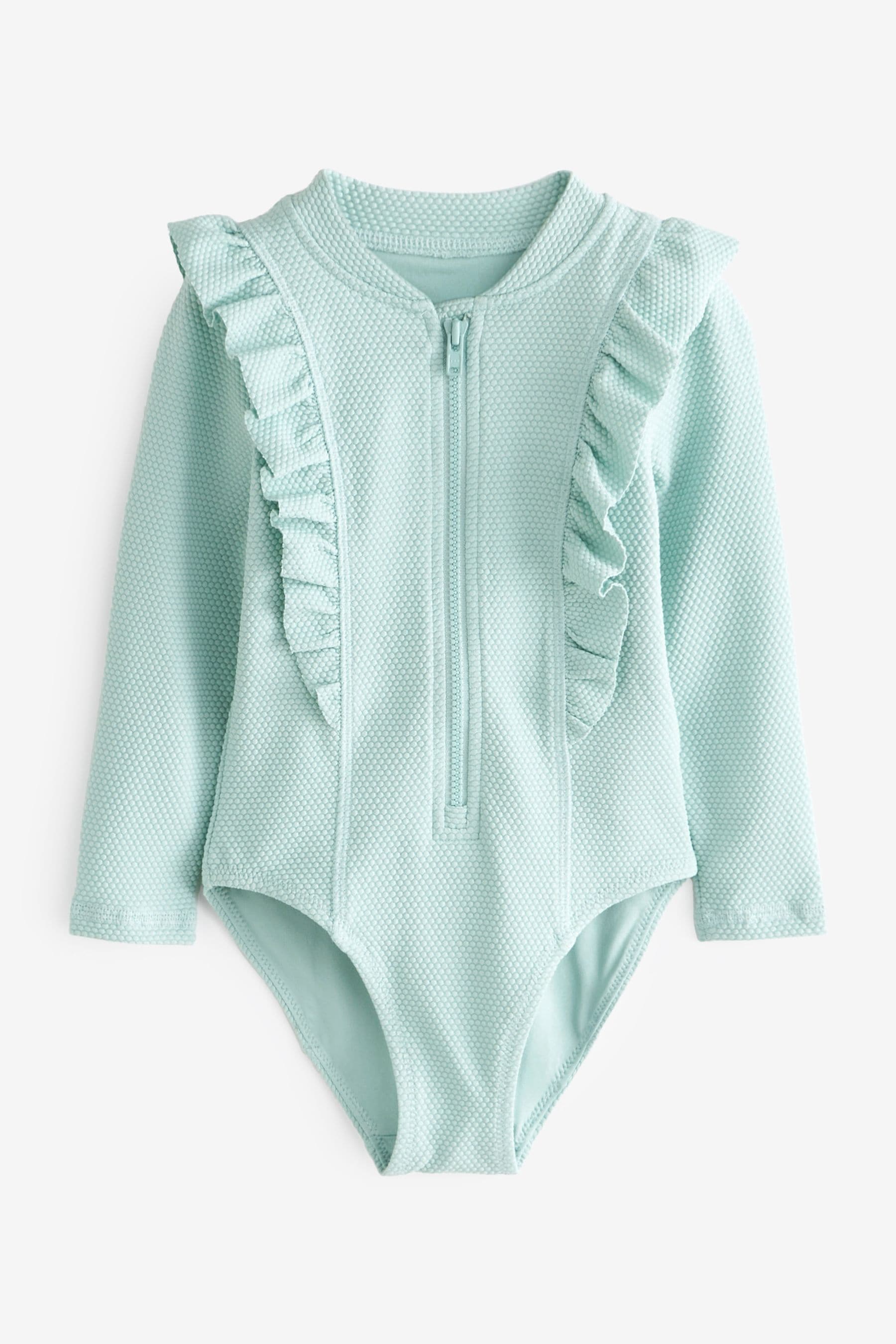 Blue Long Sleeve Textured Frill Swimsuit (3mths-7yrs)