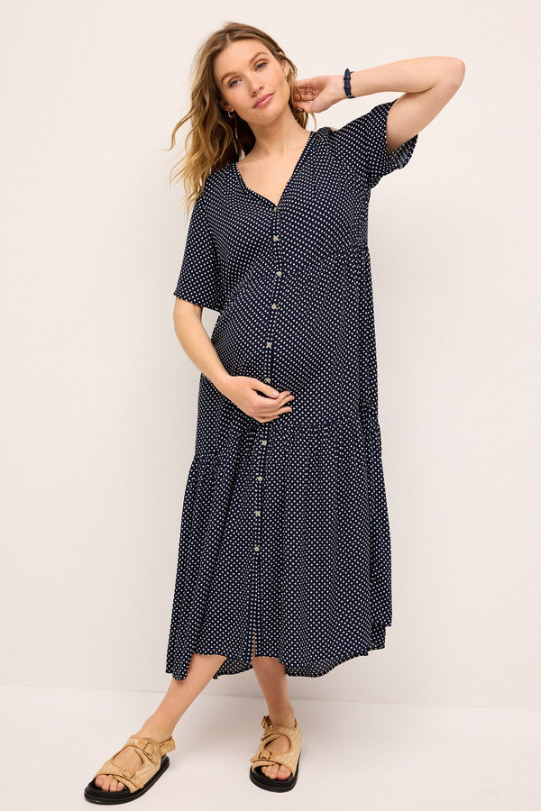 Navy Blue Spot Maternity Angel Sleeve Dress