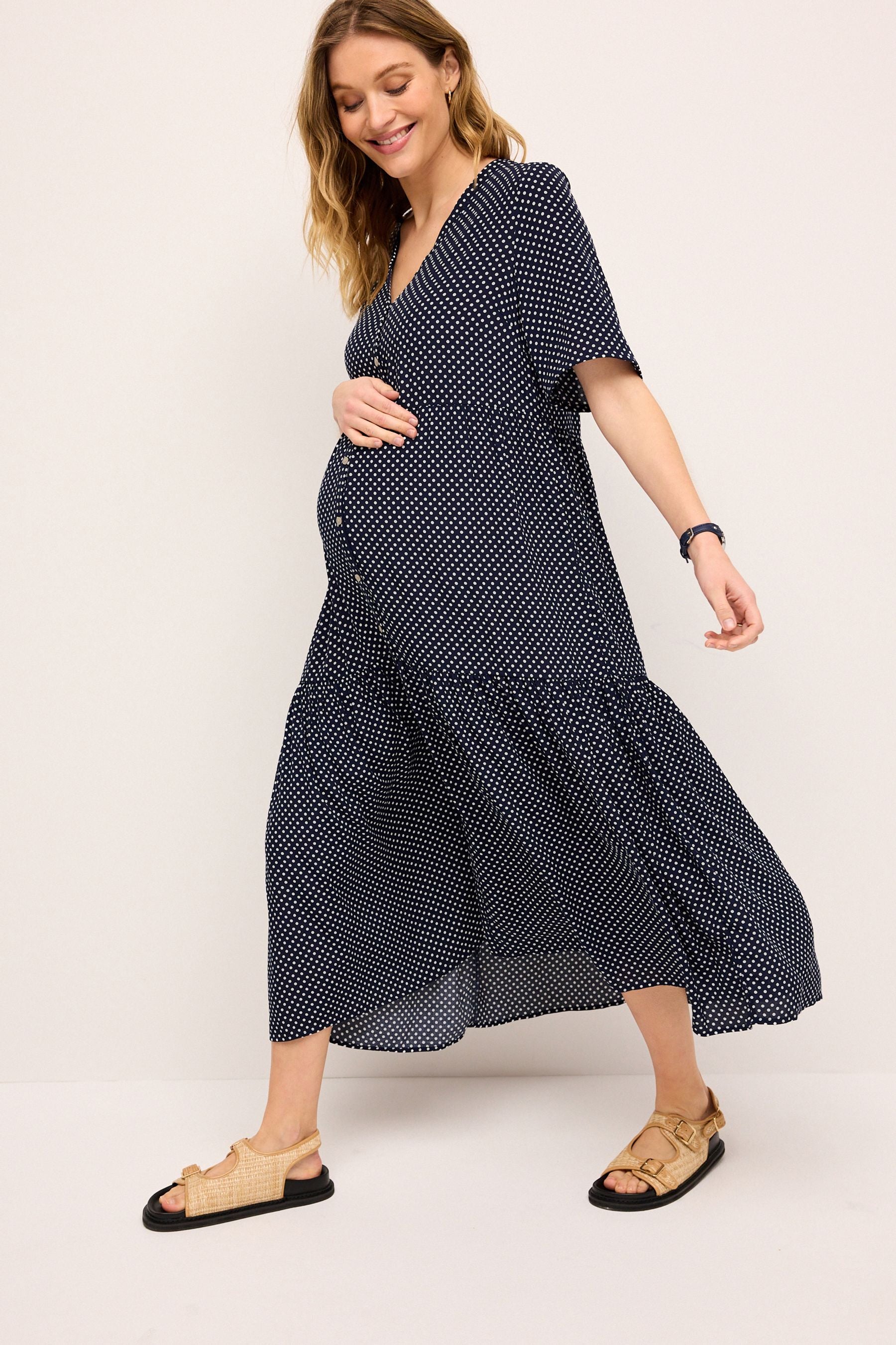 Navy Blue Spot Maternity Angel Sleeve Dress