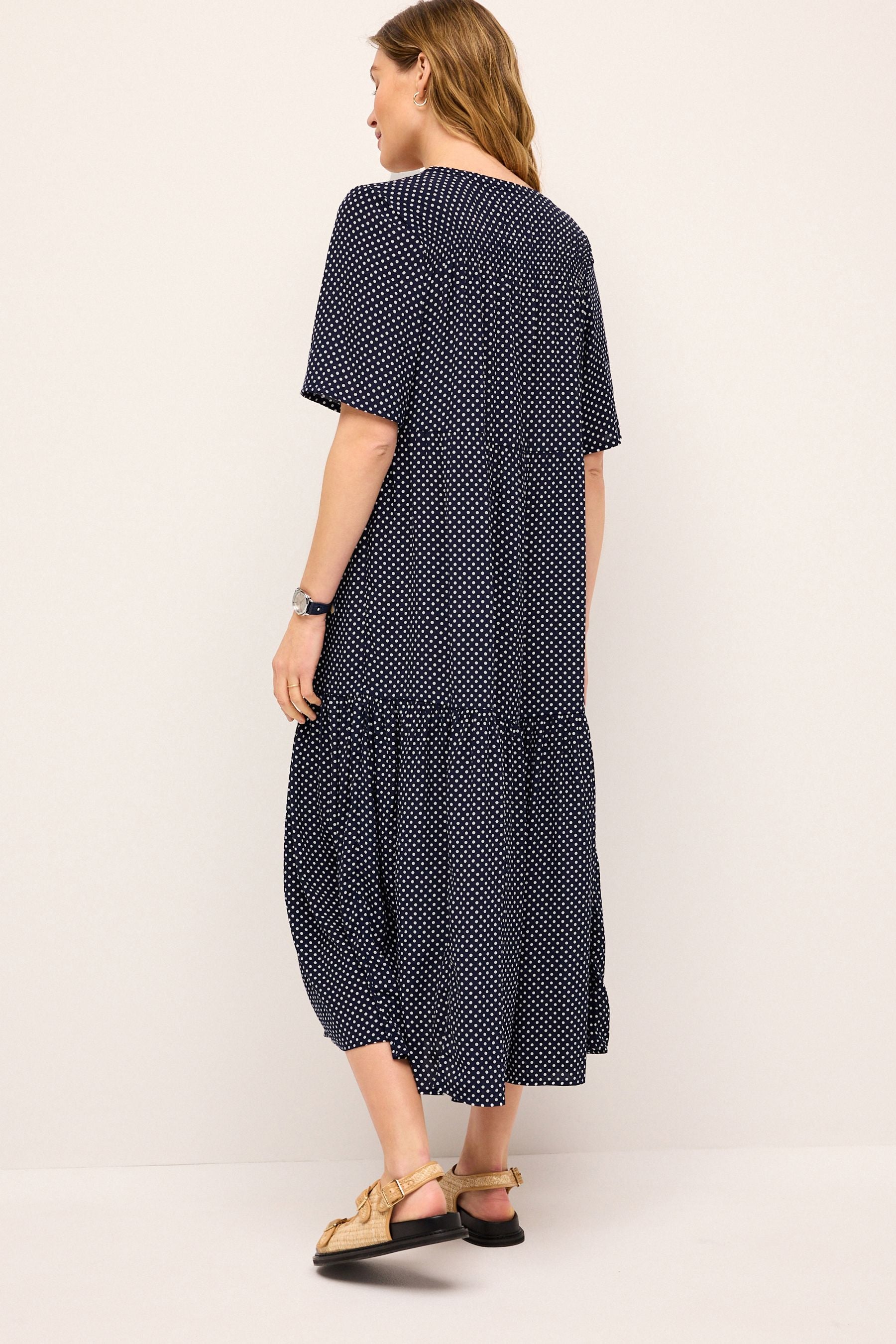 Navy Blue Spot Maternity Angel Sleeve Dress