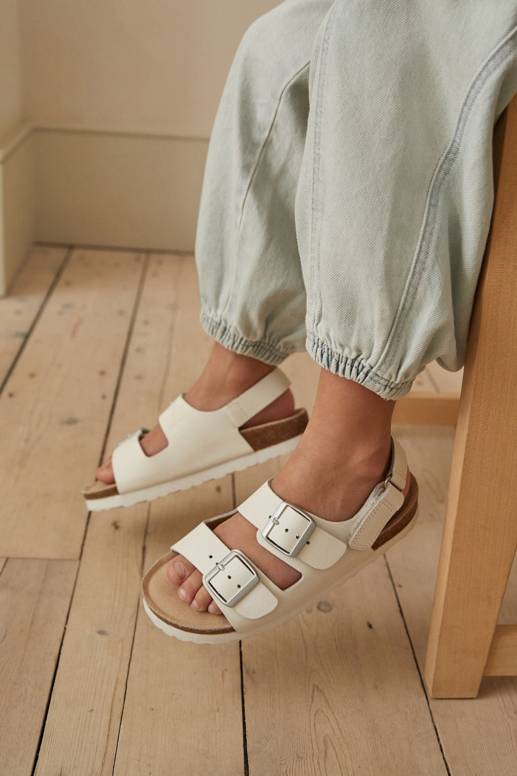 White Leather Two Strap Corkbed Sandals