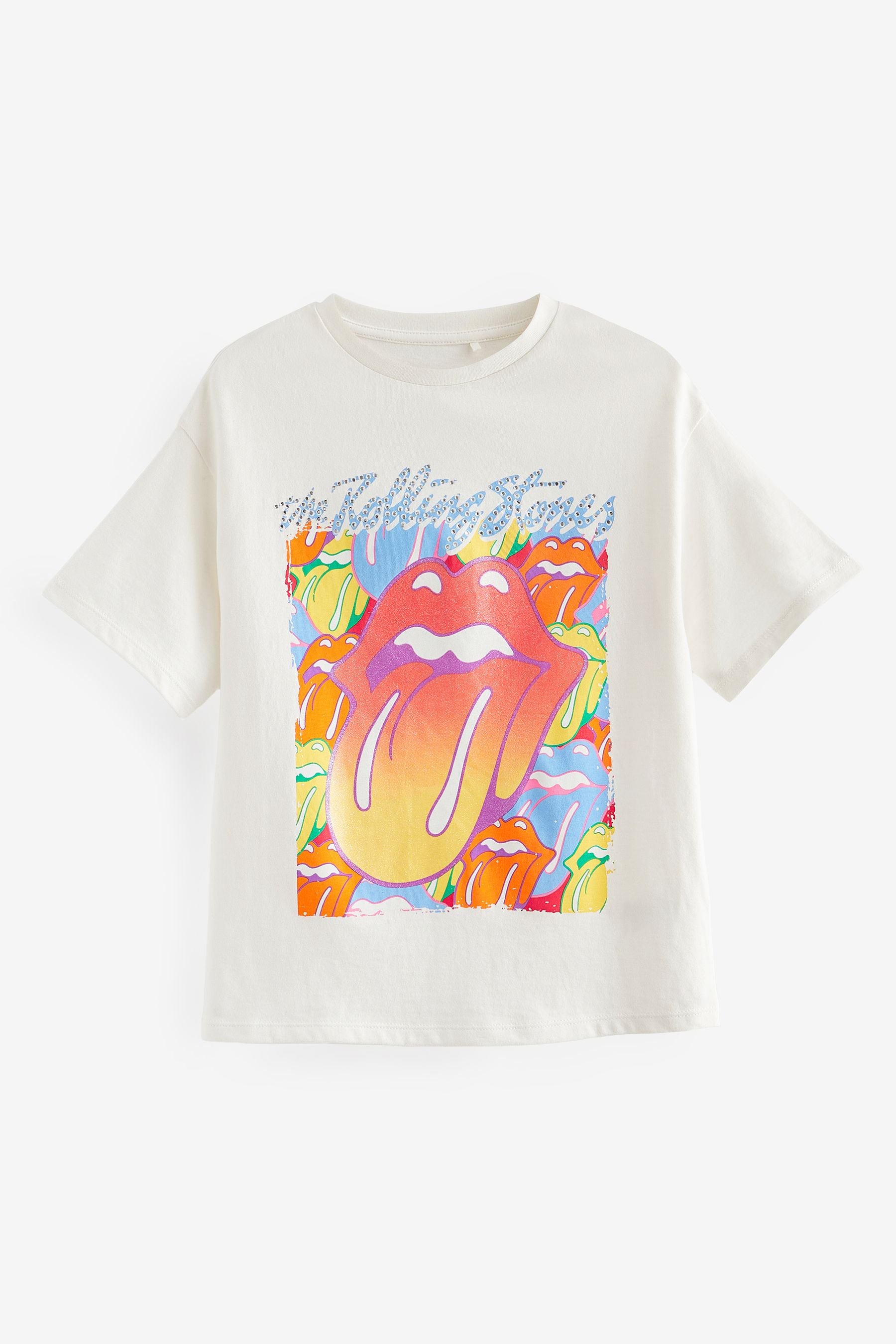 White Glitter Rainbow Rolling Stones Oversized T-Shirt (3-16yrs)