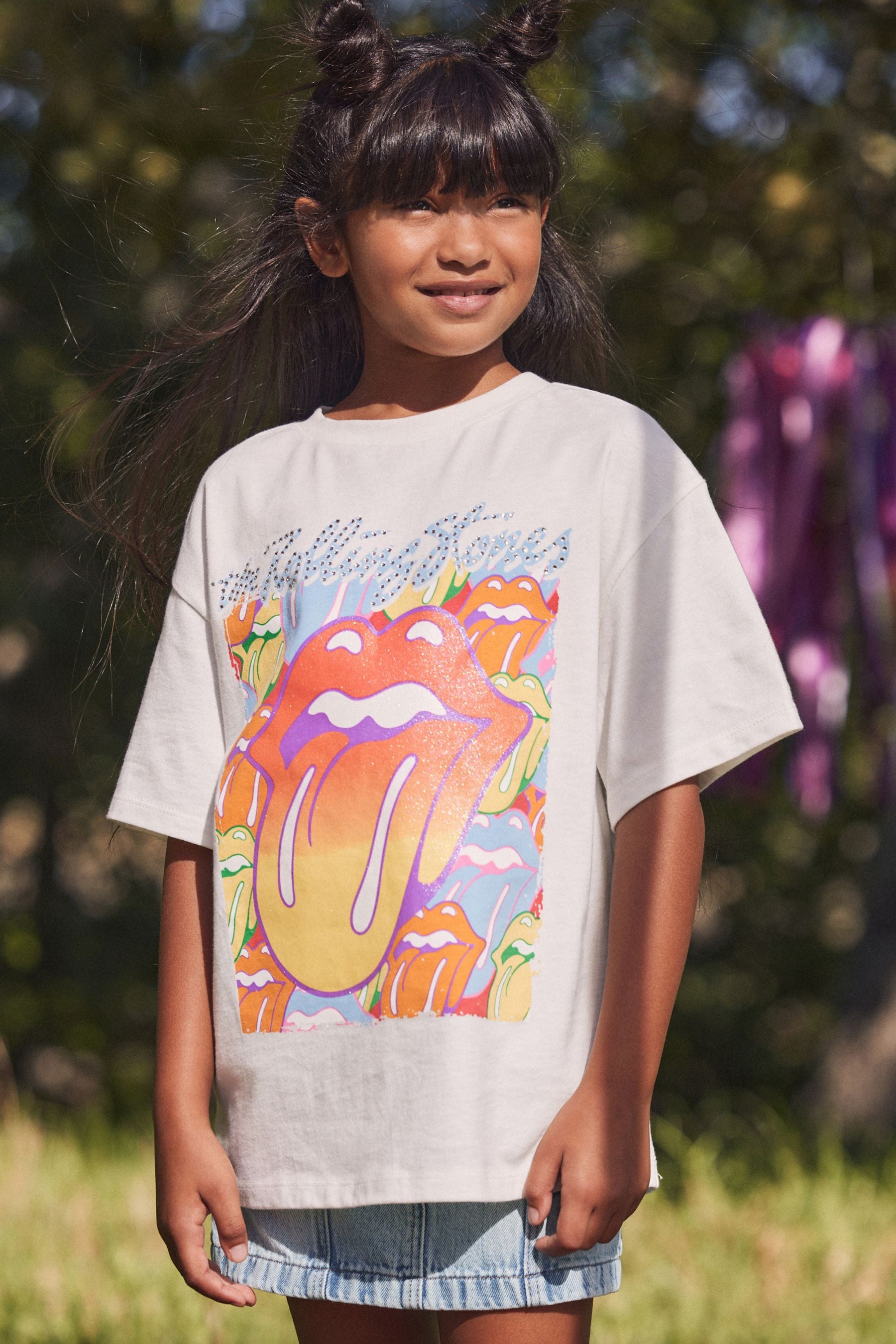 White Glitter Rainbow Rolling Stones Oversized T-Shirt (3-16yrs)