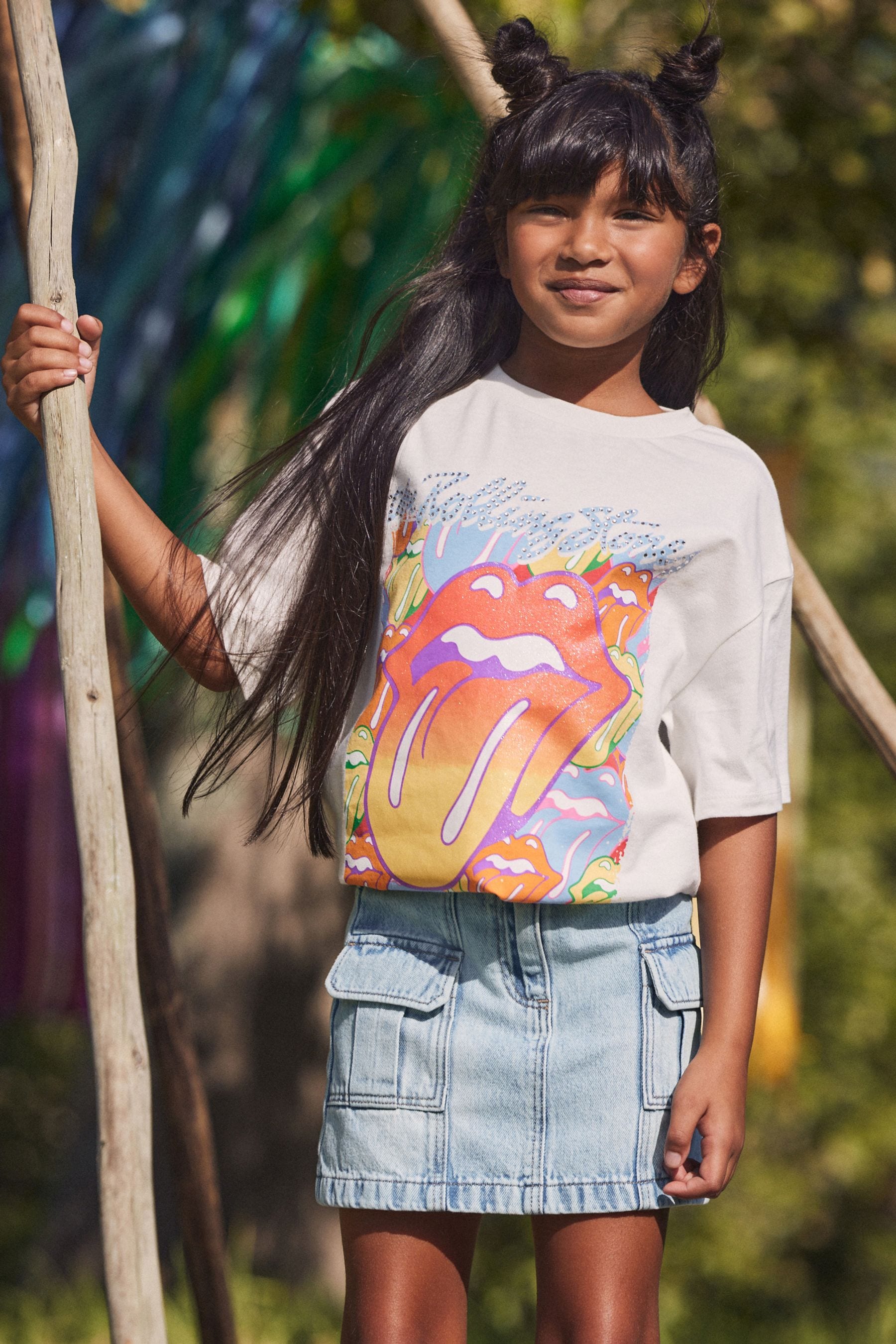 White Glitter Rainbow Rolling Stones Oversized T-Shirt (3-16yrs)