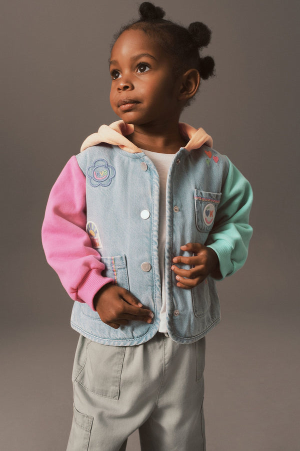 Mid Blue Denim Badge Denim Jersey Sleeve Jacket (3mths-7yrs)