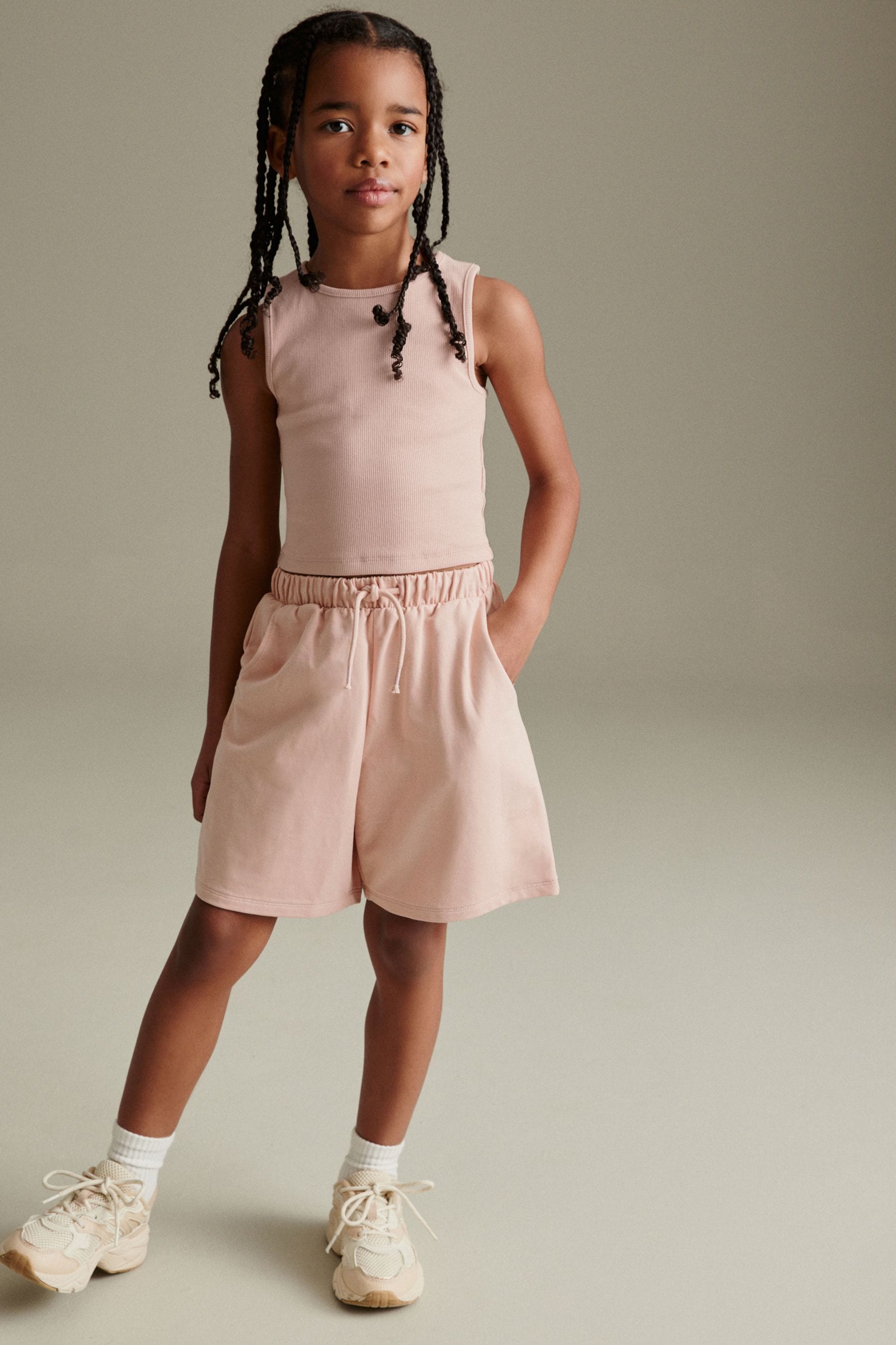 Pink Rib Vest and Sweat Short Set (3-16yrs)