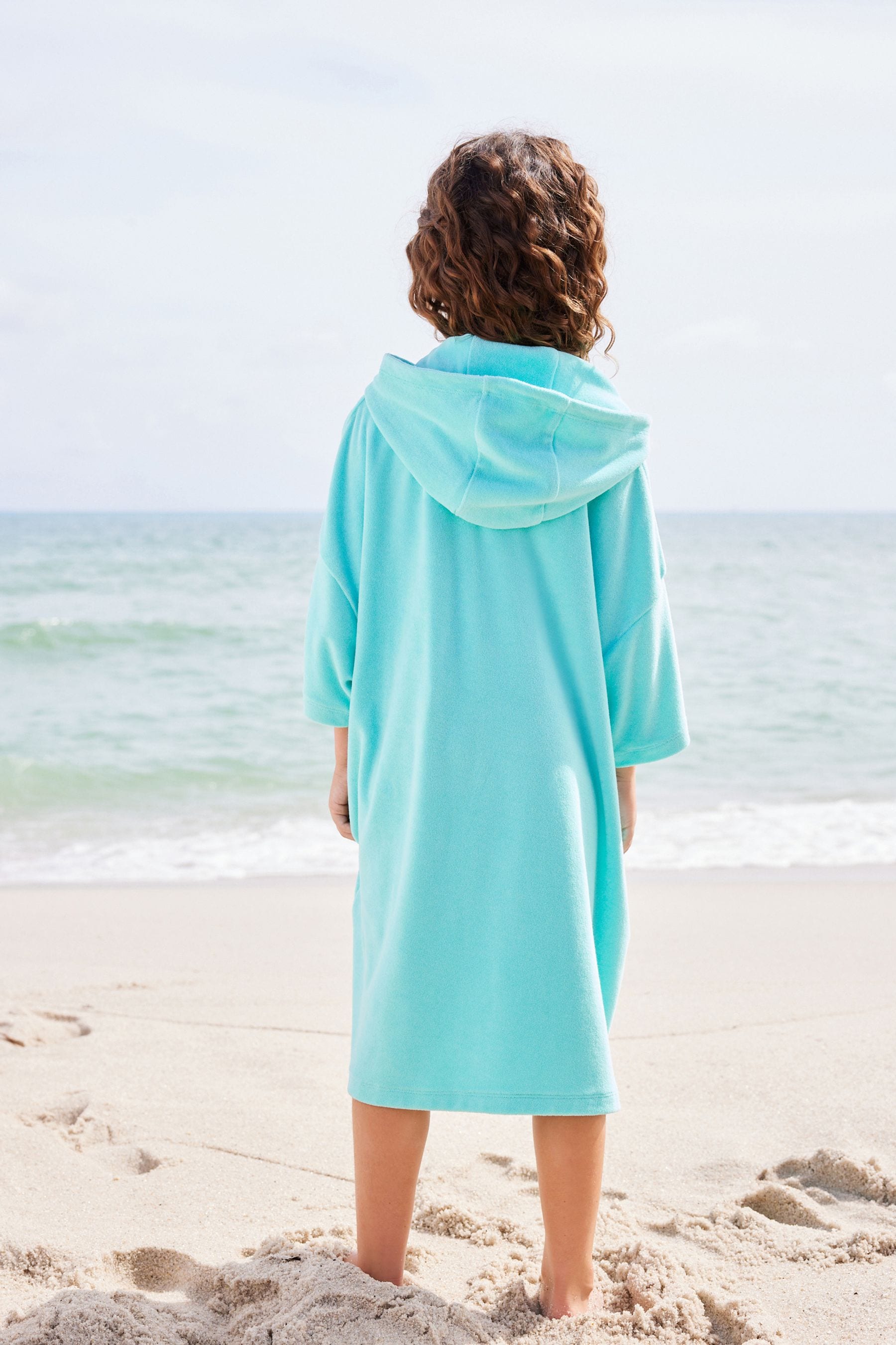 Aqua Blue Oversized Hooded Towelling Cover-Up