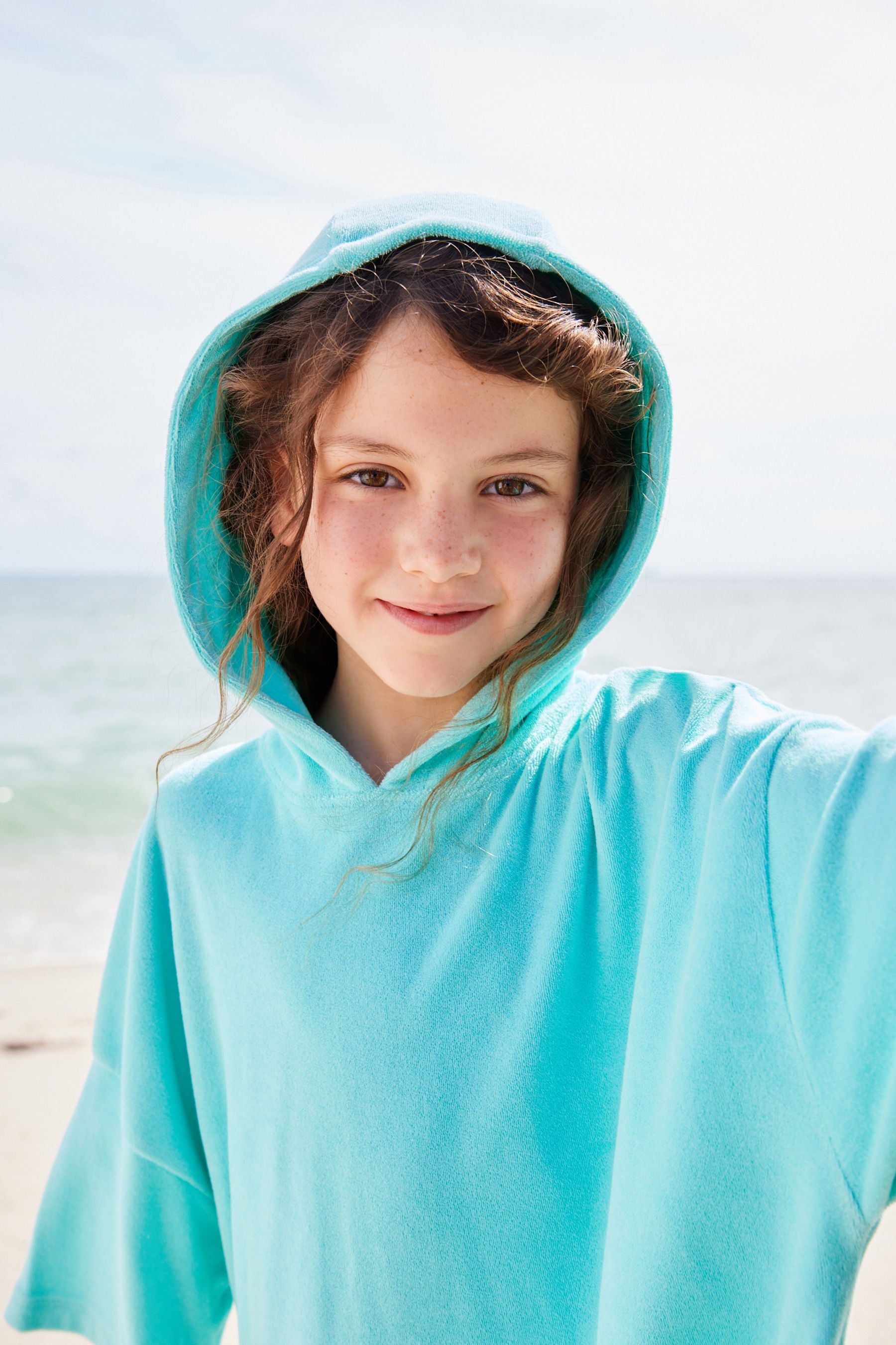 Aqua Blue Oversized Hooded Towelling Cover-Up