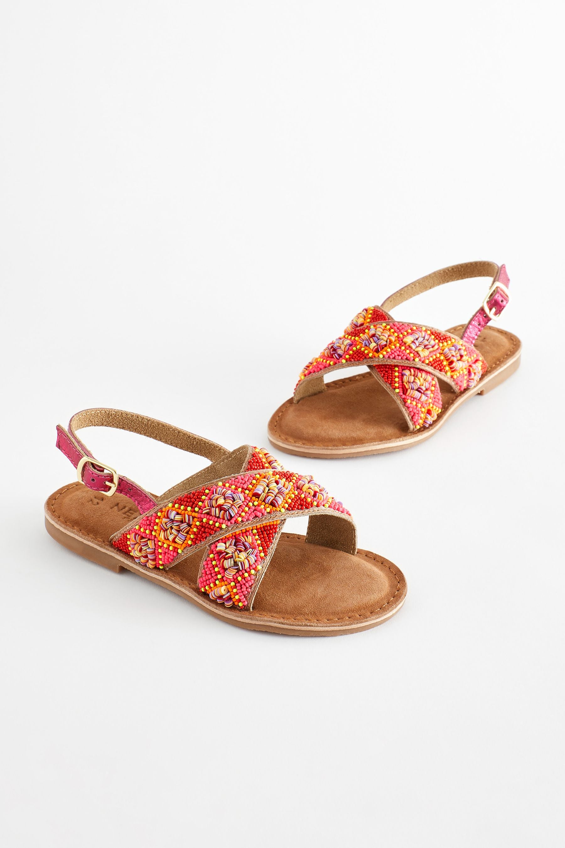 Red Orange Beaded Leather Cross Strap Sandals