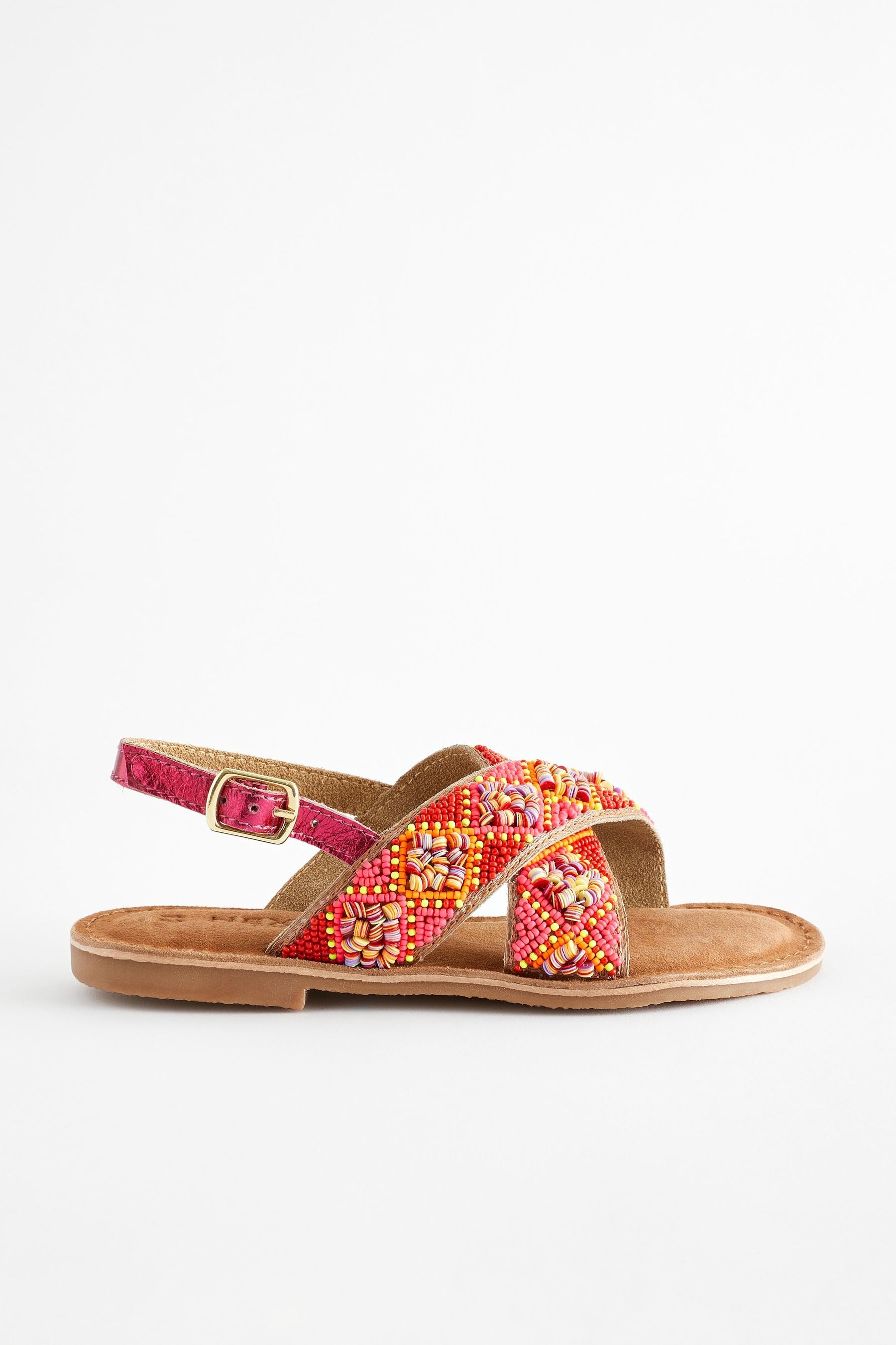 Red Orange Beaded Leather Cross Strap Sandals