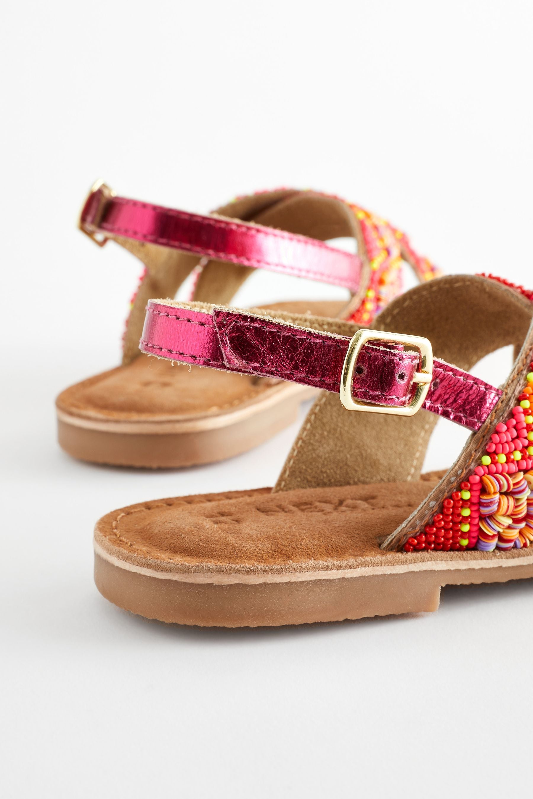 Red Orange Beaded Leather Cross Strap Sandals