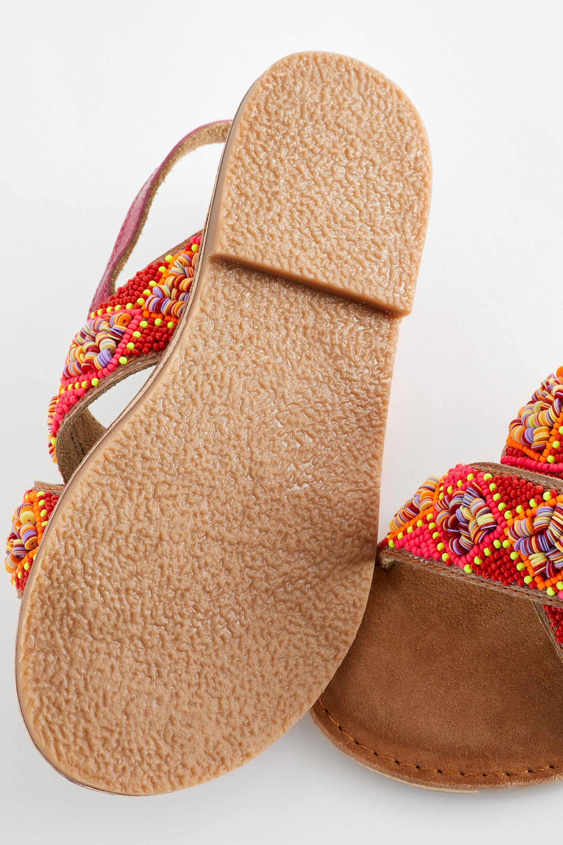 Red Orange Beaded Leather Cross Strap Sandals