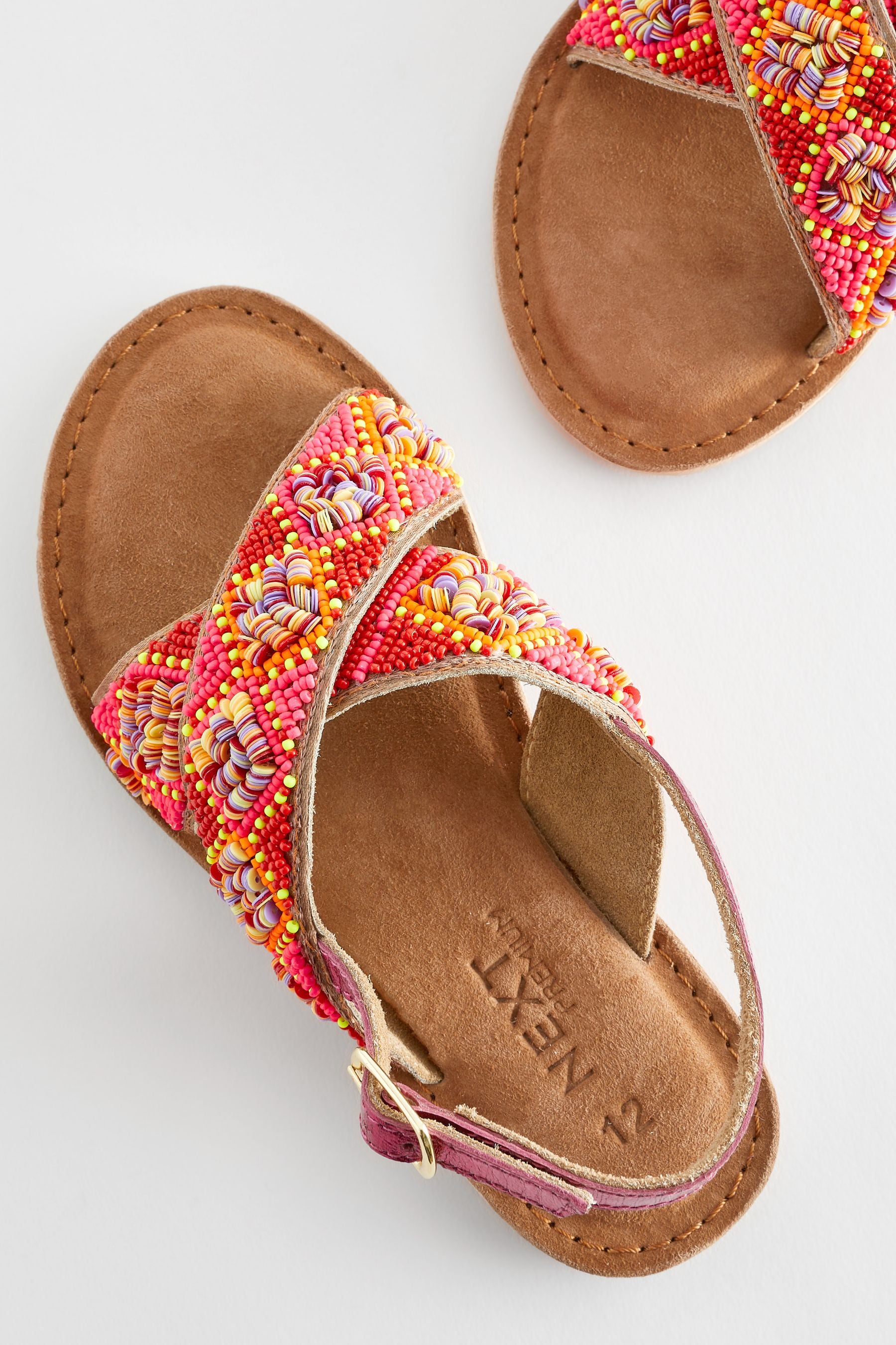 Red Orange Beaded Leather Cross Strap Sandals