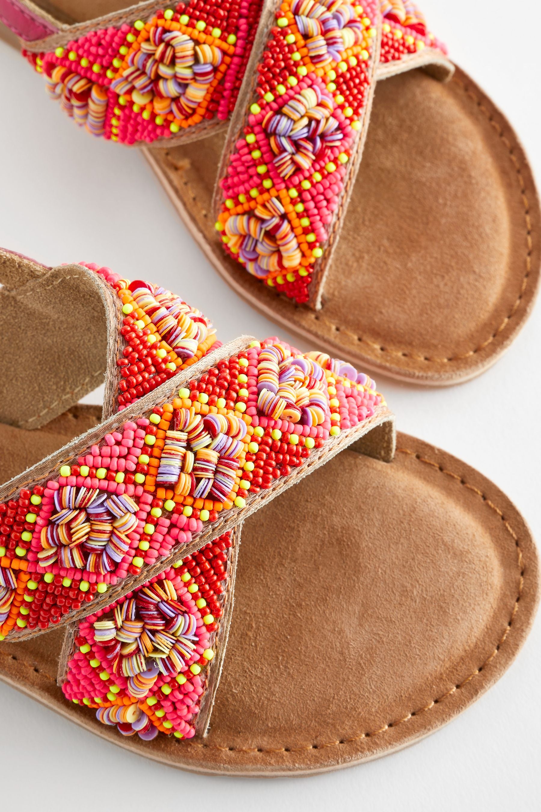 Red Orange Beaded Leather Cross Strap Sandals