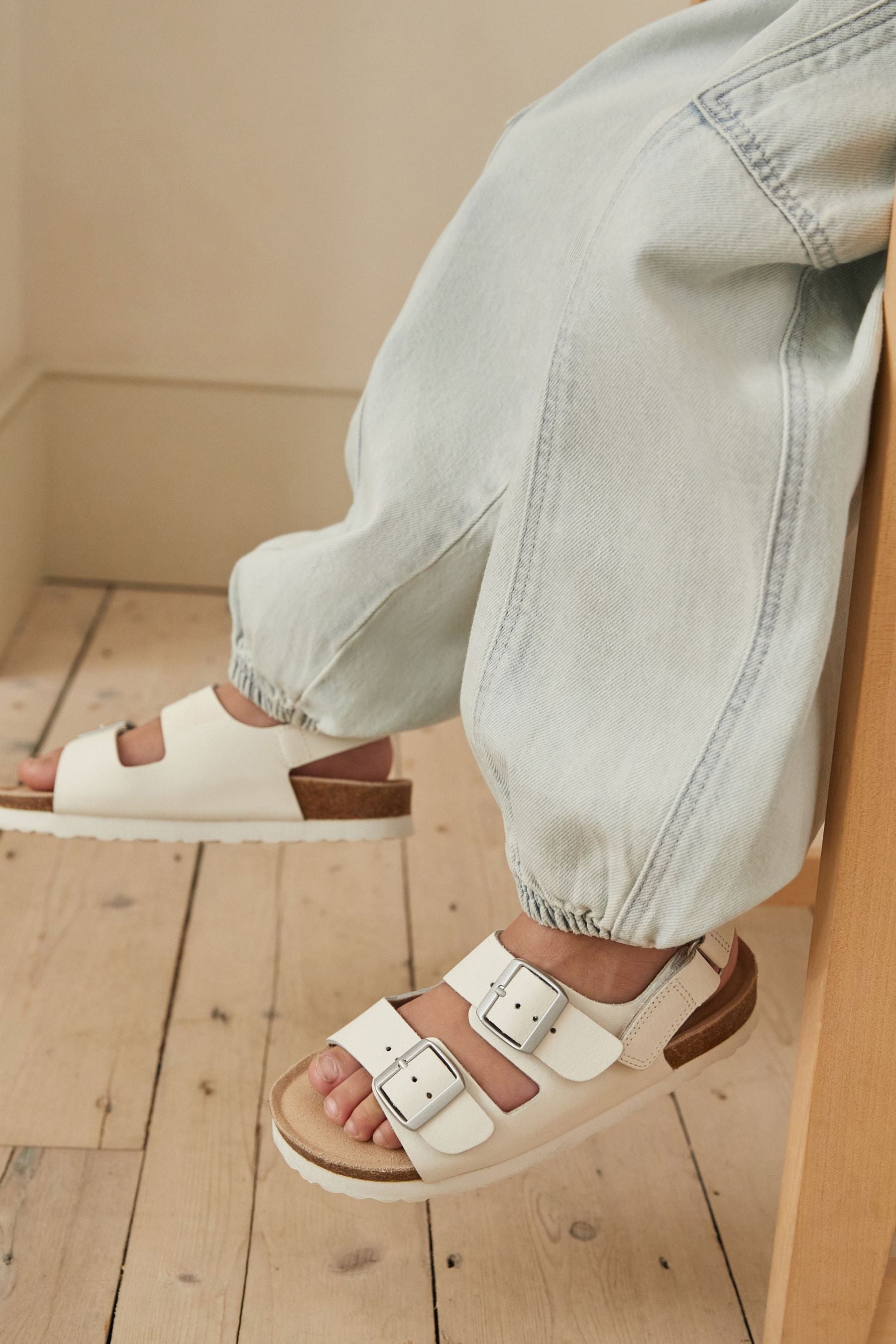 White Leather Two Strap Corkbed Sandals