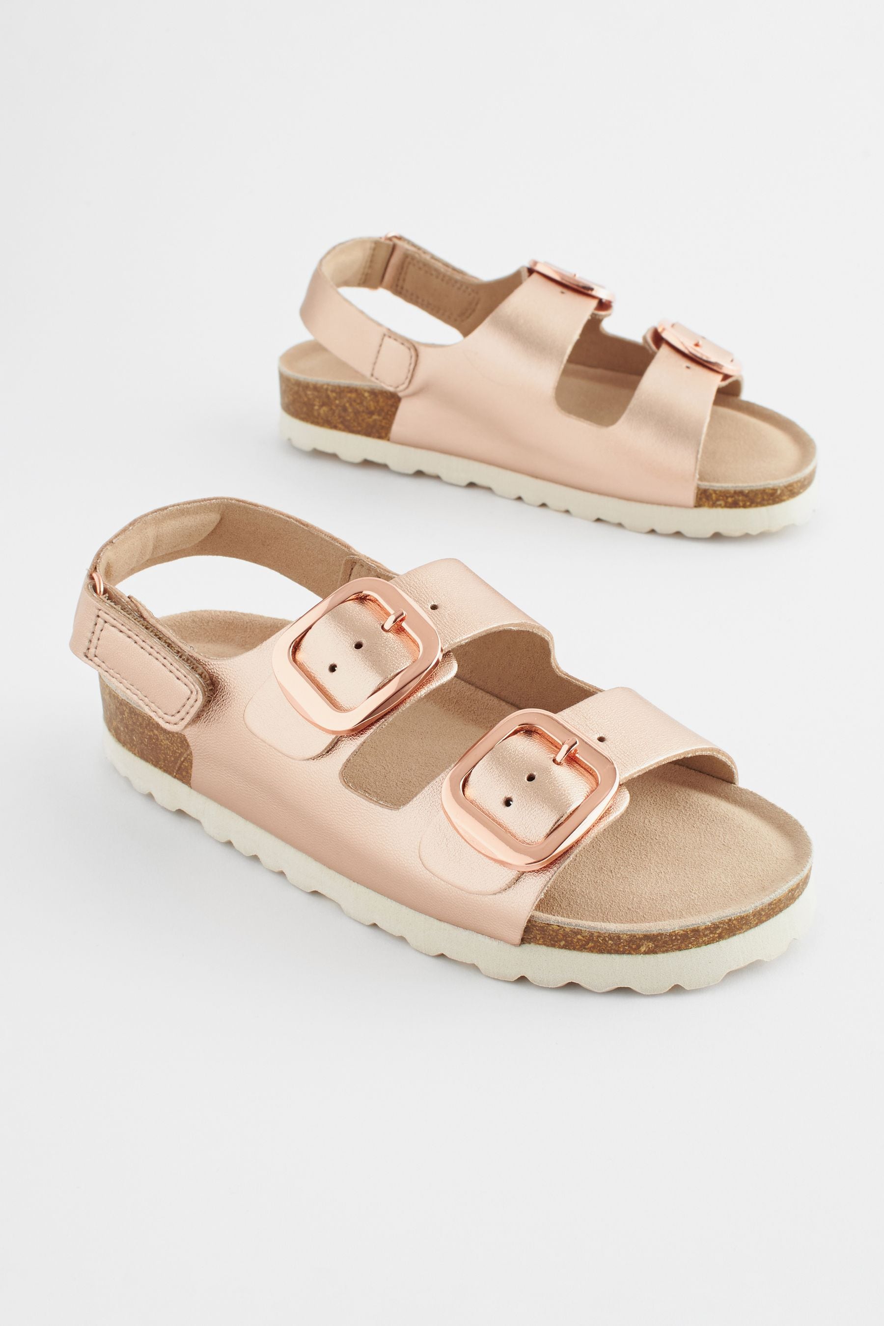 Rose Gold Leather Two Strap Corkbed Sandals