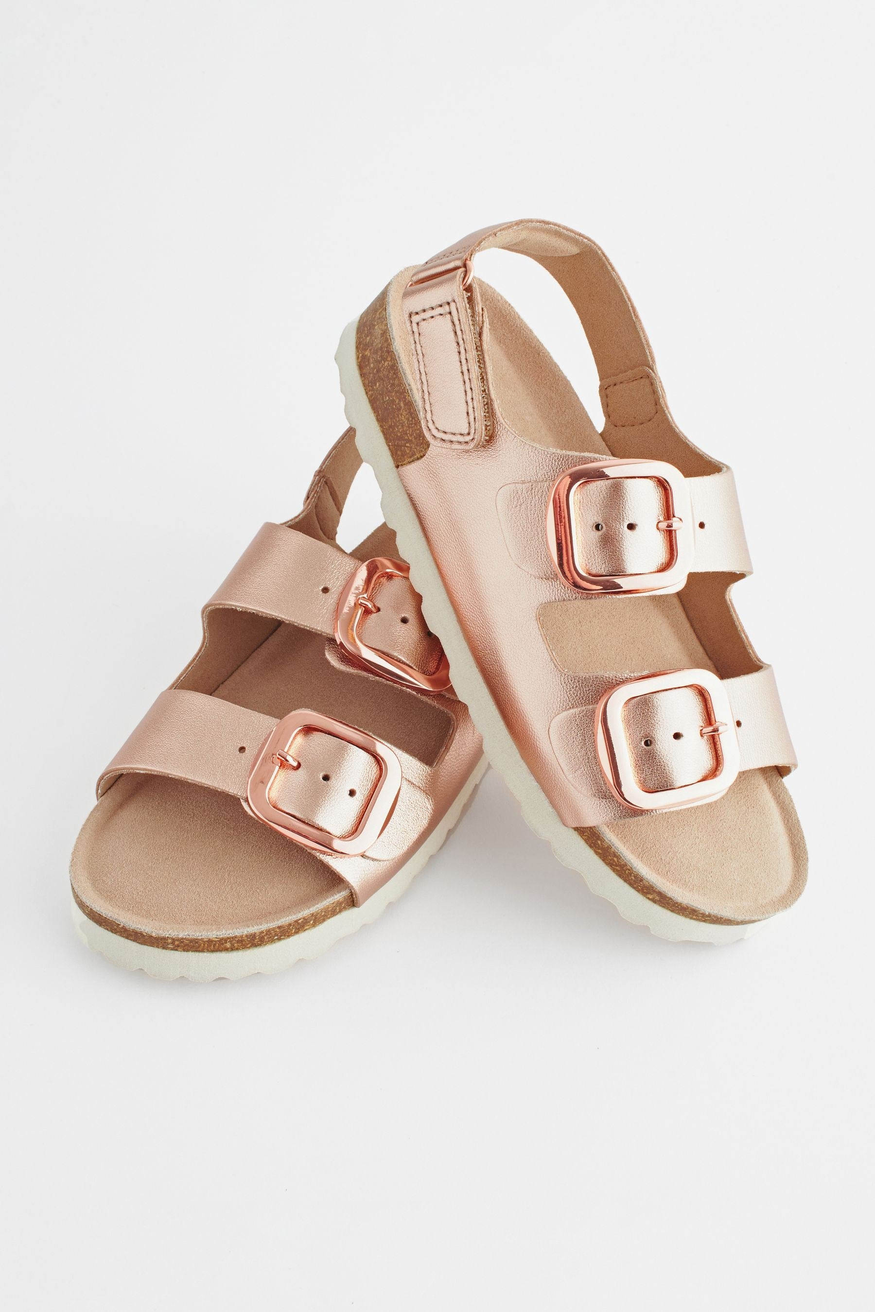 Rose Gold Leather Two Strap Corkbed Sandals