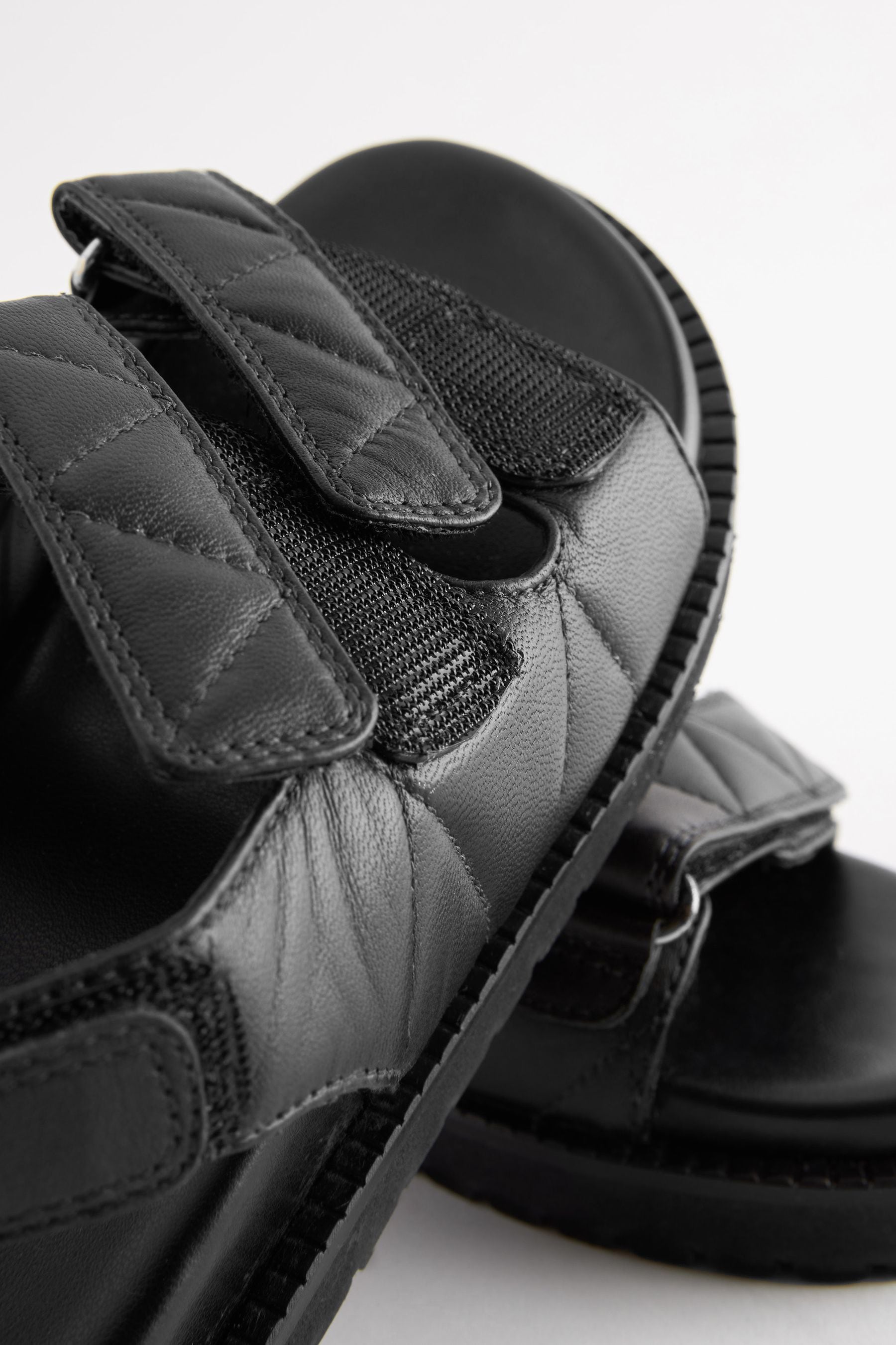 Black Leather Quilted Two Strap  Sandals