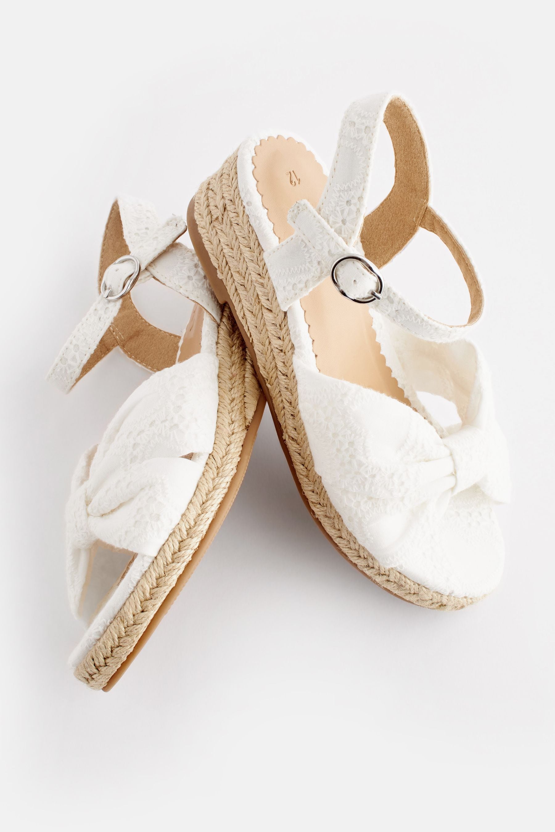 White Broderie Bow Wedge Sandals