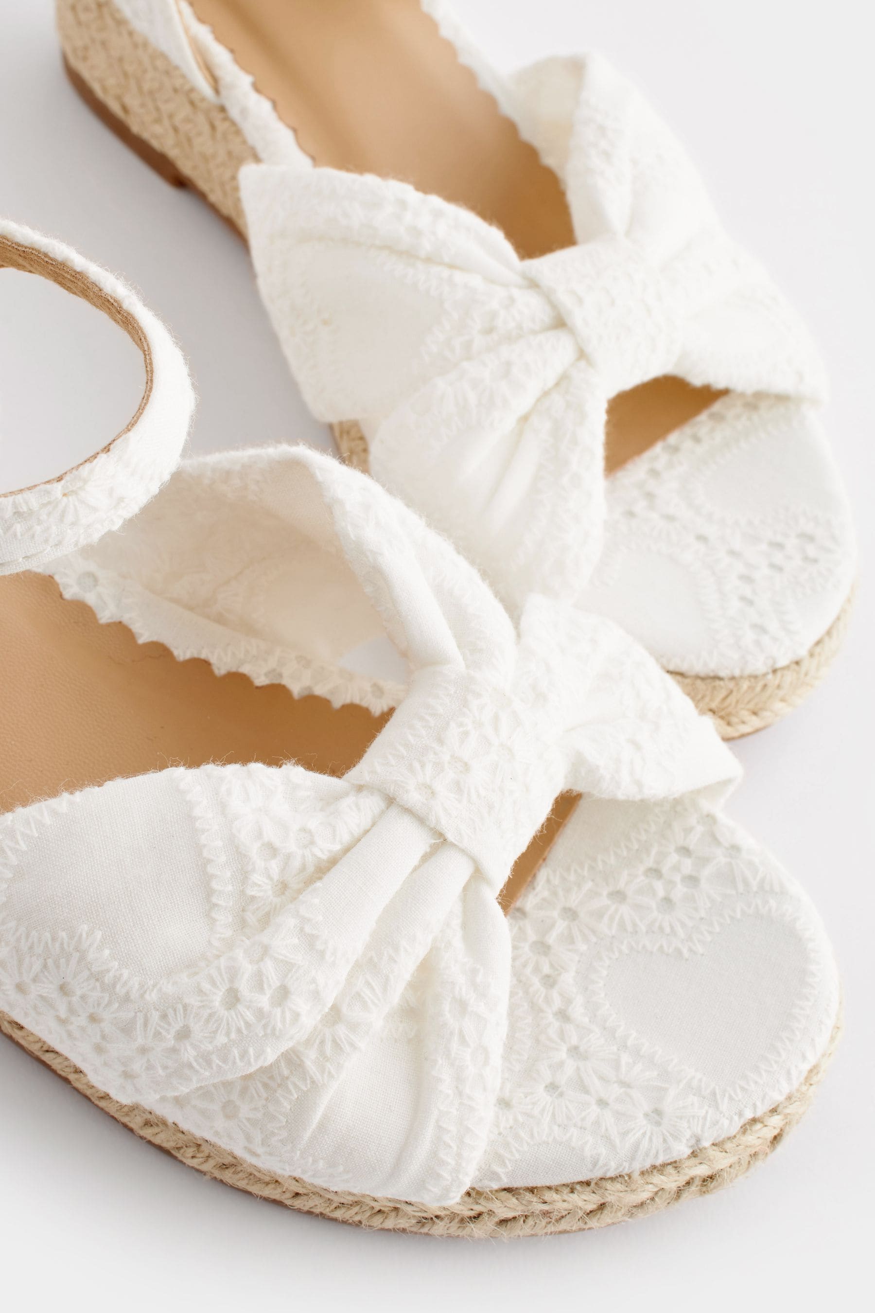 White Broderie Bow Wedge Sandals