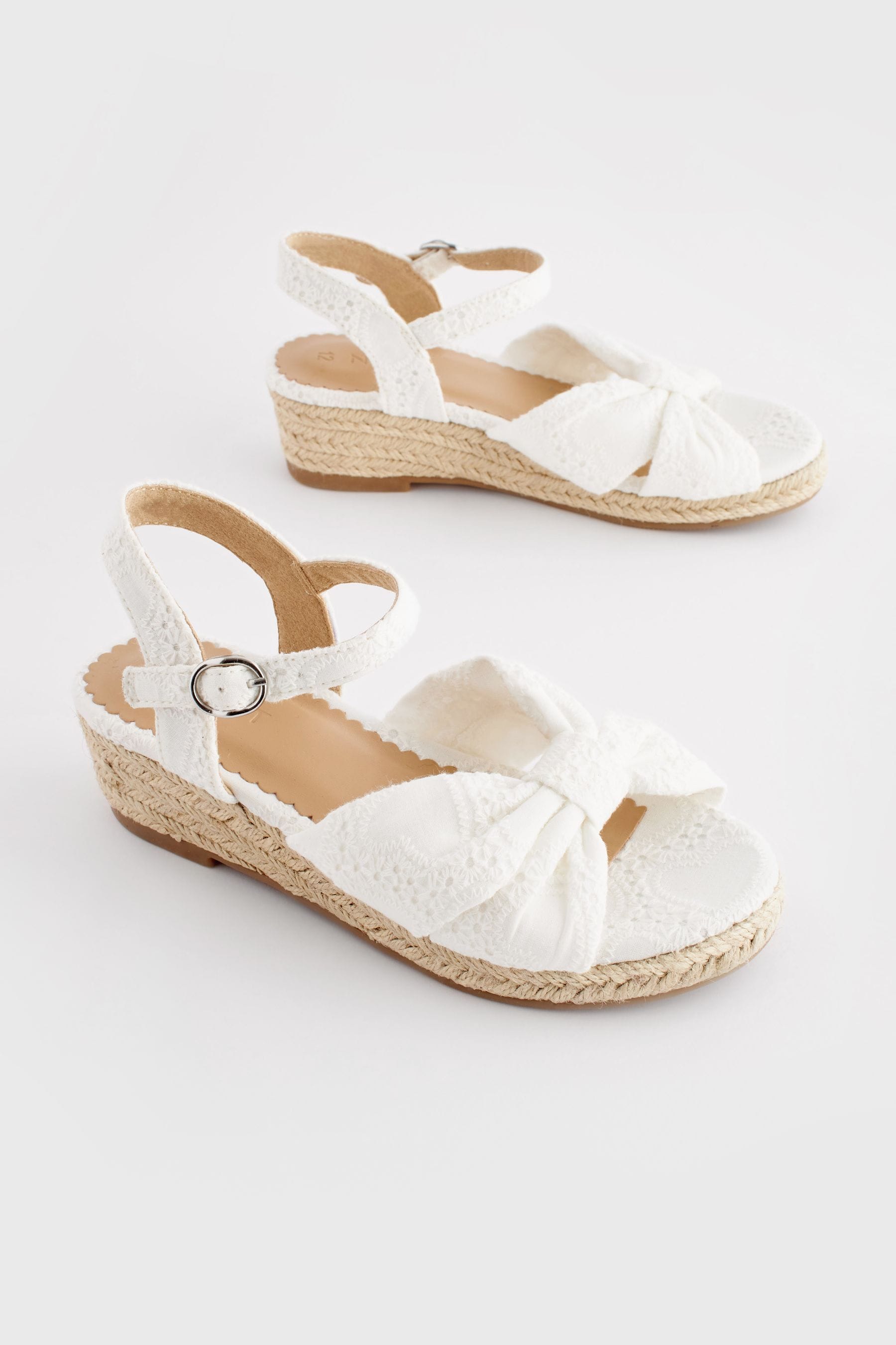 White Broderie Bow Wedge Sandals