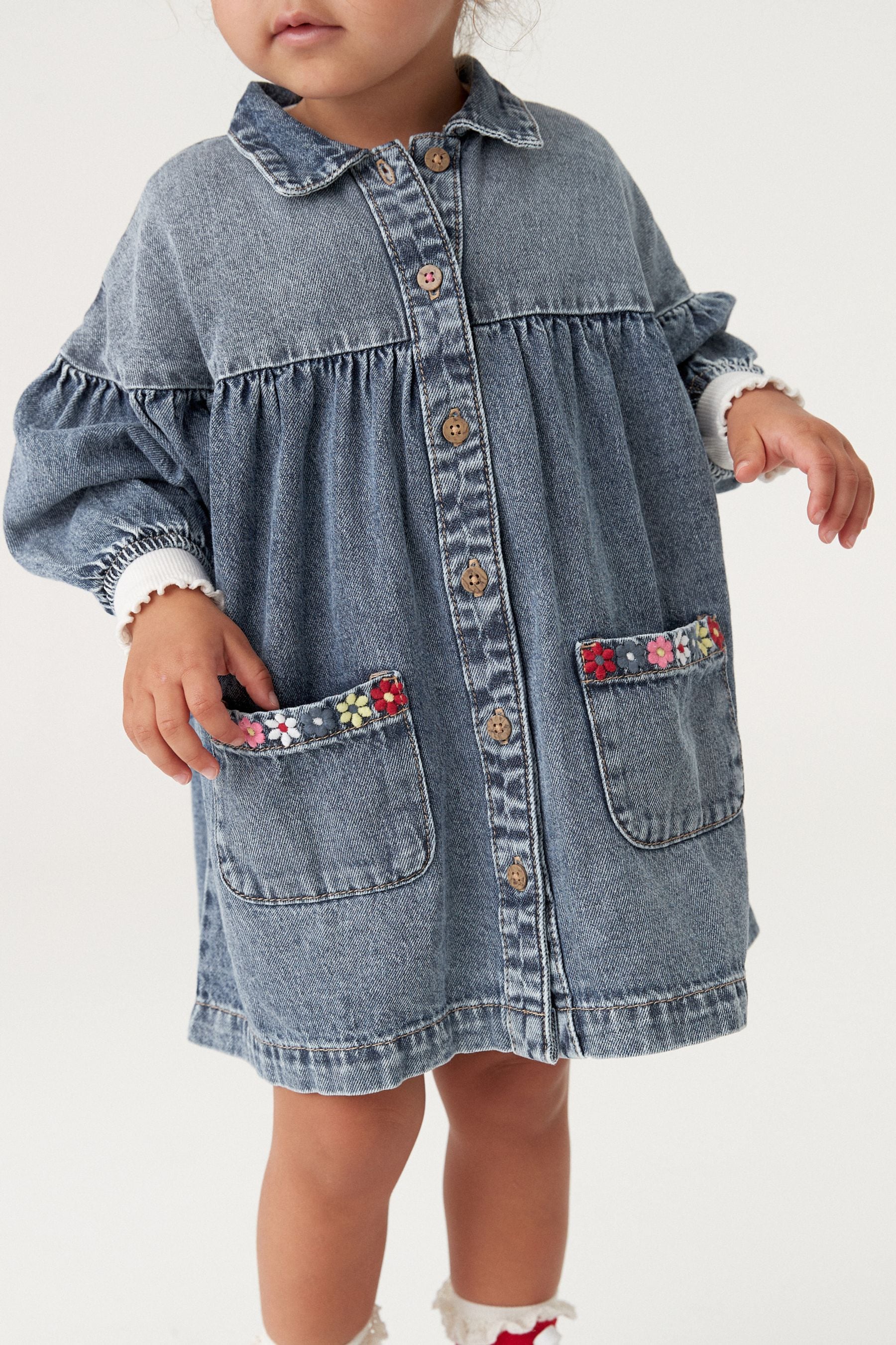 Blue Denim Embroidered 100% Cotton Shirt Dress (3mths-8yrs)