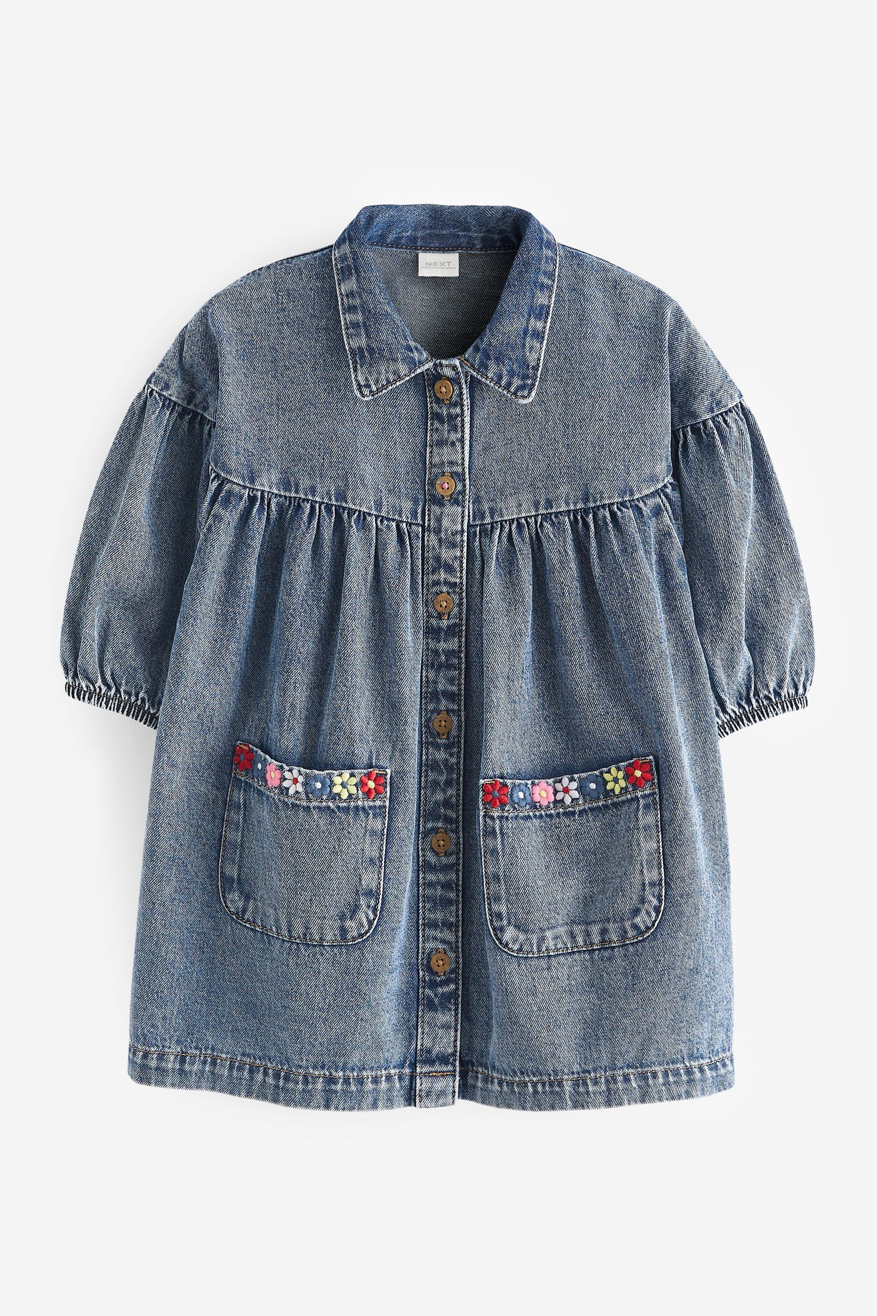 Blue Denim Embroidered 100% Cotton Shirt Dress (3mths-8yrs)